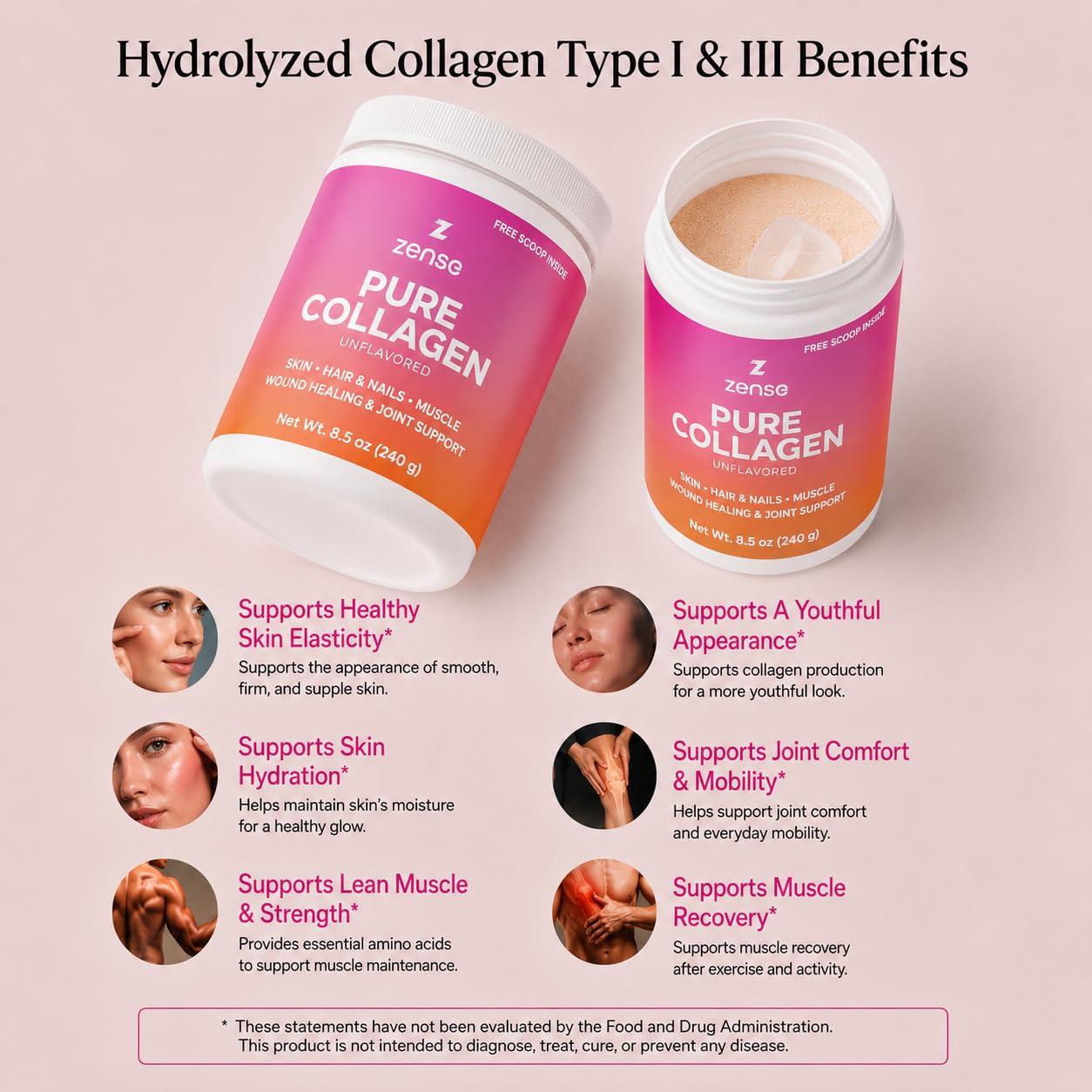 ZENSE Hydrolyzed Collagen Powder Type I & III Bovine Collagen Peptides, 8.5 oz