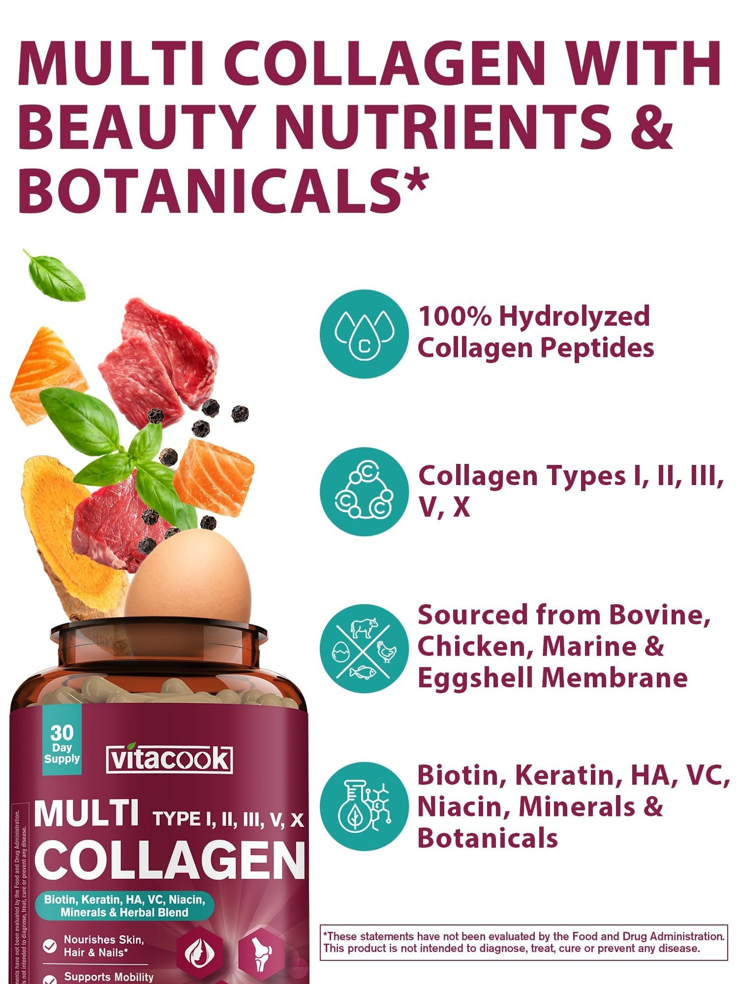 Vitacook Multi Collagen Peptides for Women & Men, Hydrolyzed, Types I, II, III, V, X, Biotin, Keratin, Hyaluronic Acid, VC, Zinc, Selenium & Herbal Blend for Skin, Hair, Nails & Mobility, 60 Capsules