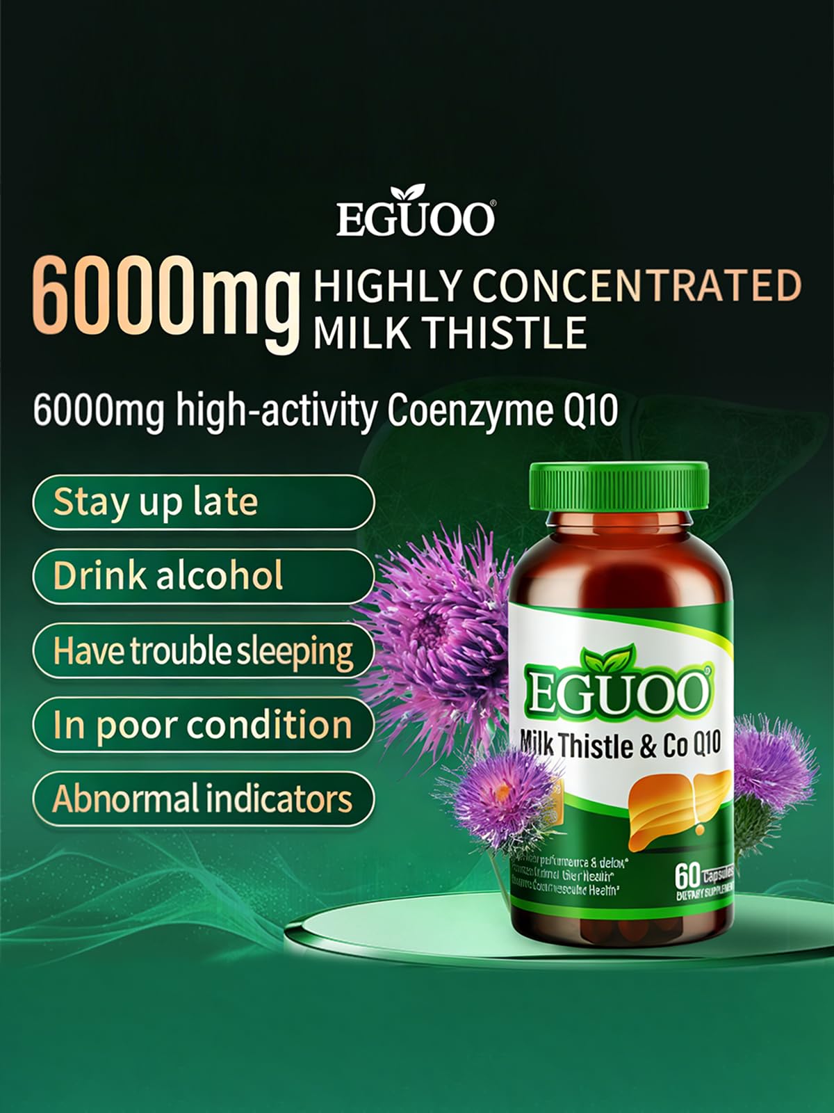EGUOO Milk Thistle & CoQ10 Dietary Supplement with Artichoke, Curcumin, Coenzyme Q10 – 200mg Milk Thistle per Serving (6000mg per Bottle) – for Healthy Liver Function – 60 Capsules