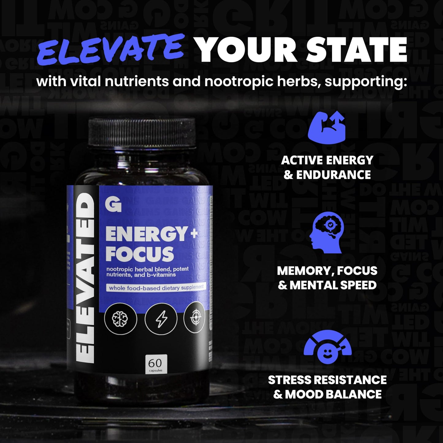 GAINS IN BULK Elevated Nootropic Herbal Energy Supplements with Ginkgo Biloba, B Vitamins, DMAE, Clean Energy & Focus, Vegan, Supports Digestive Health & Cognitive Brain Health, 90 Capsules
