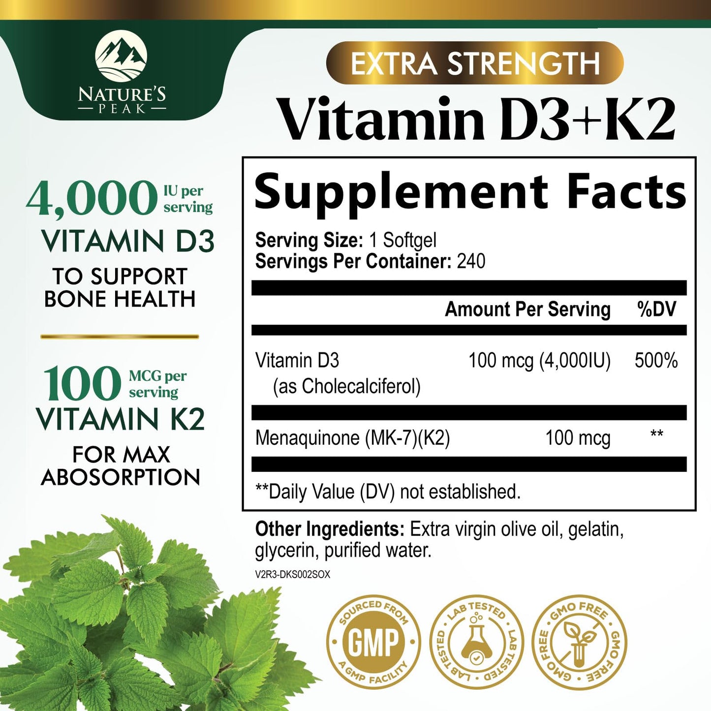 Nature's Peak Vitamin D3 K2 High Potency 2-in-1 Complex Vitamin D & K2 (MK7) Supplement, Gluten Free, Bone & Immune Support, 4000 IU per Softgel, 240 Softgels
