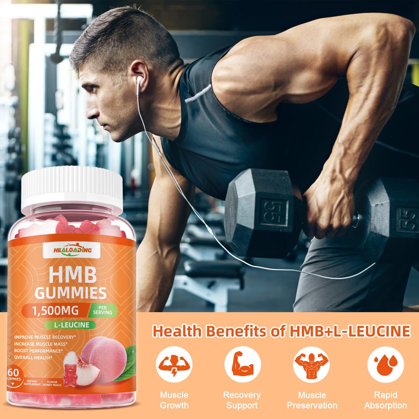 HEALOADING HMB and Leucine Gummies, 60 Gummies