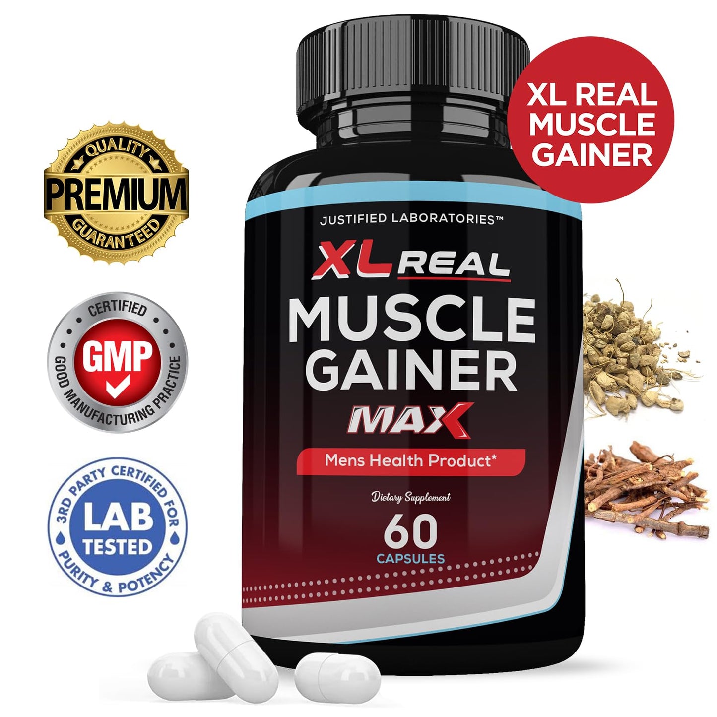 Justified Laboratories XL Real Muscle Gainer Max 1600MG Advanced Men's Health Formula 120 Capsules