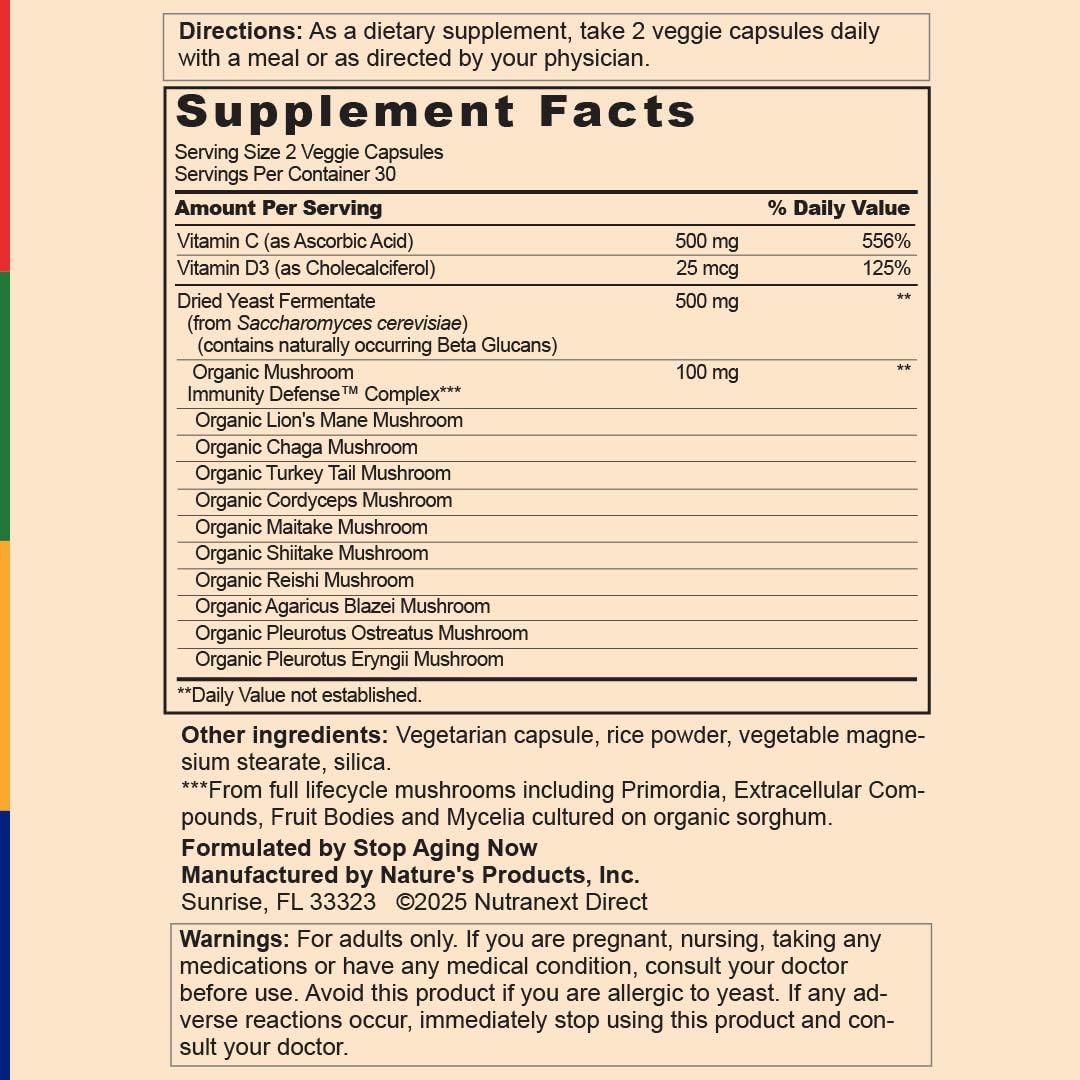 Stop Aging Now Immune Support with Vitamin C, Vitamin D3 and Mushroom Complex, 60 Capsules