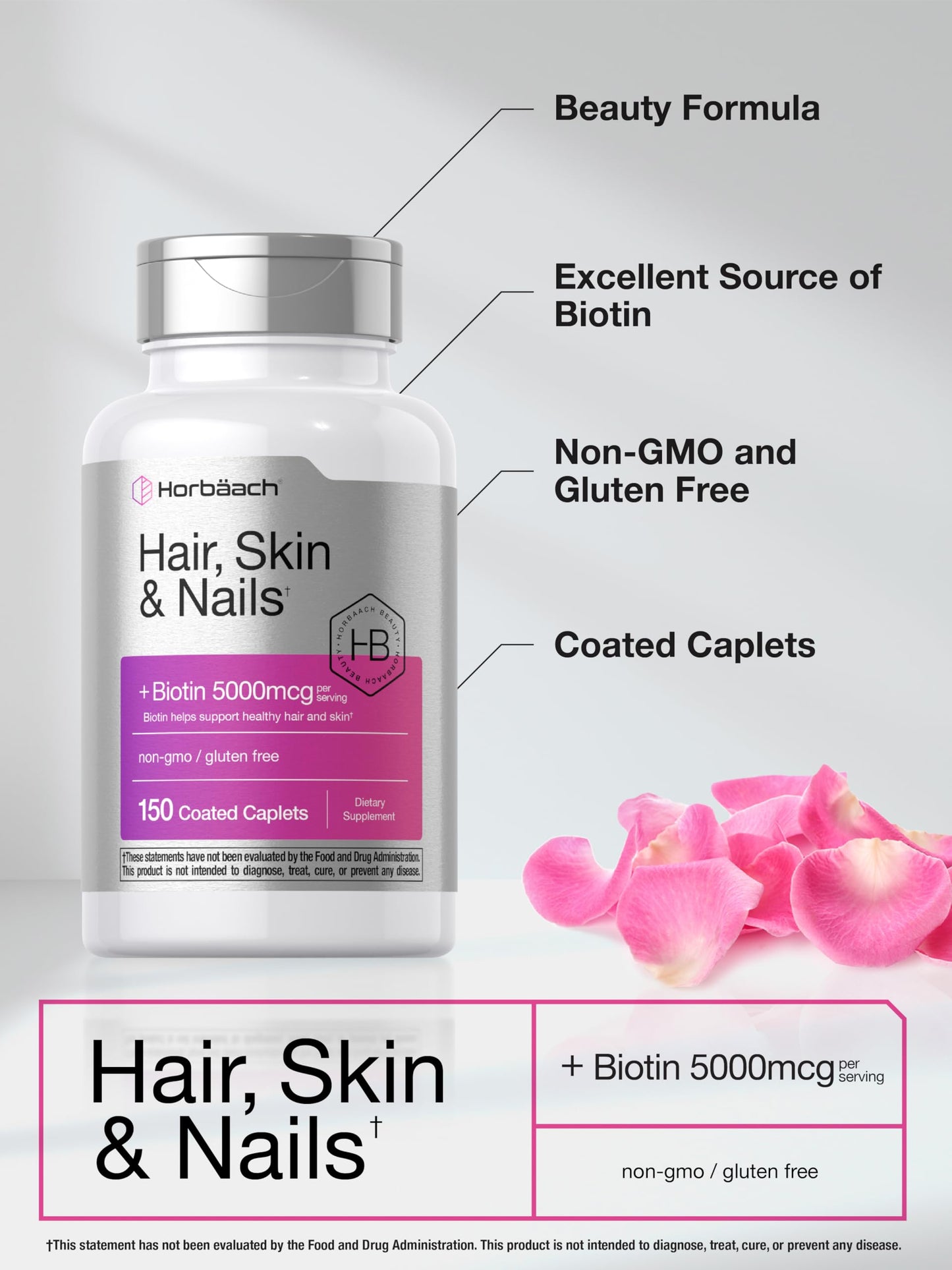 Horbäach Hair Skin and Nails Vitamins with Biotin and Collagen Caplets 150 Count