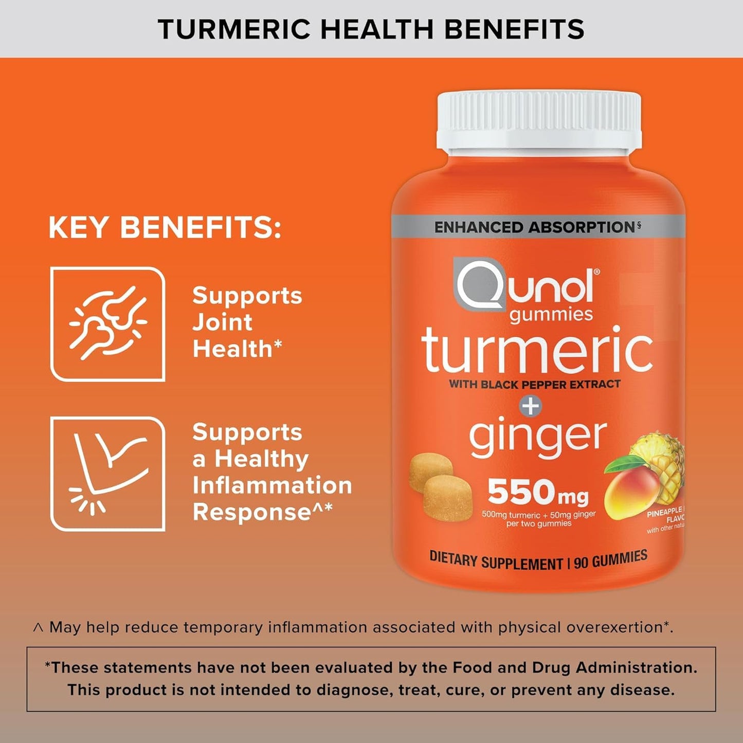 Qunol Turmeric and Ginger with Black Pepper Gummies, Turmeric Curcumin Supplement, Joint Health Support, 90 Gummies