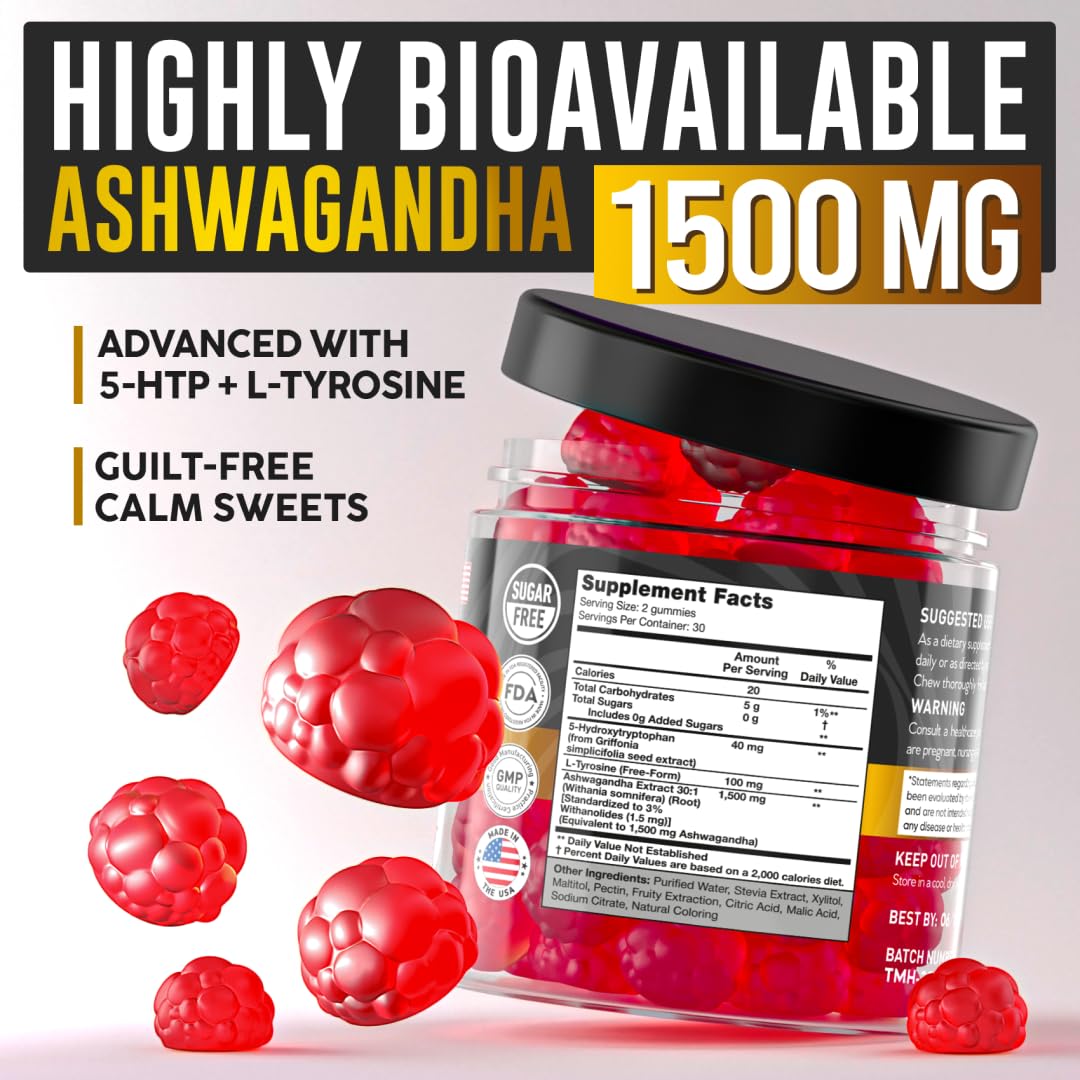NOBLE NUTRITION Ashwagandha Gummies 1500mg, Sleep Mood & Energy, 60 Gummies