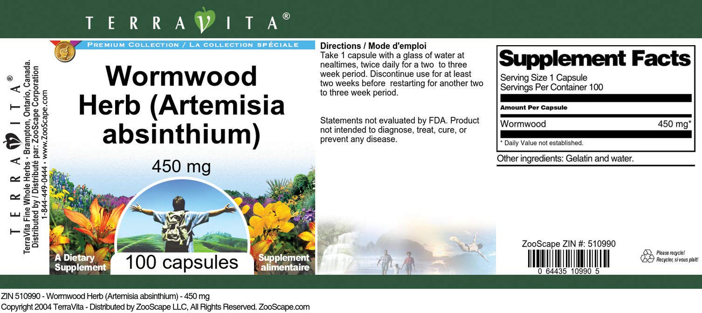 Terravita Wormwood Herb (Artemisia Absinthium) 450 mg Capsule, 100 Count
