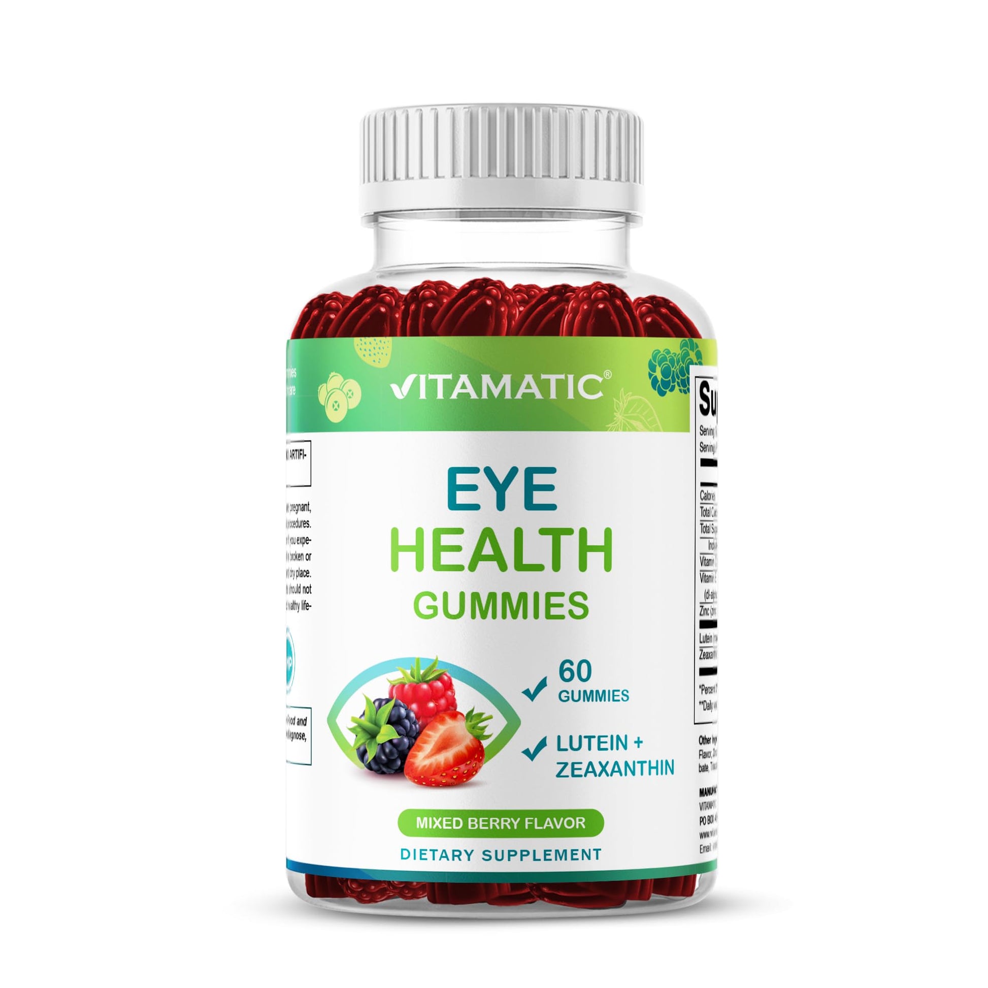 Vitamatic Eye Health Gummies with Lutein, Zeaxanthin, Vitamin C, E & Zinc – Mixed Berry Flavor, 60 Gummies