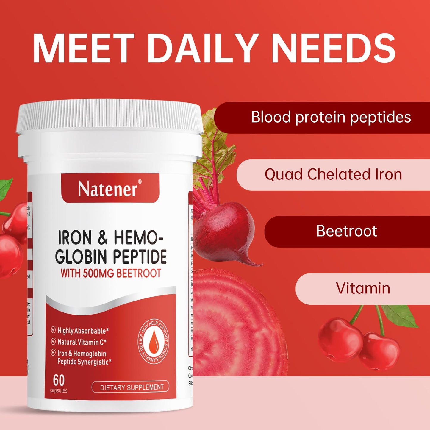Natener 36mg Iron Supplement with 500mg Beetroot, Quad Chelated Iron & Hemoglobin Peptide Synergistic 60 Capsules