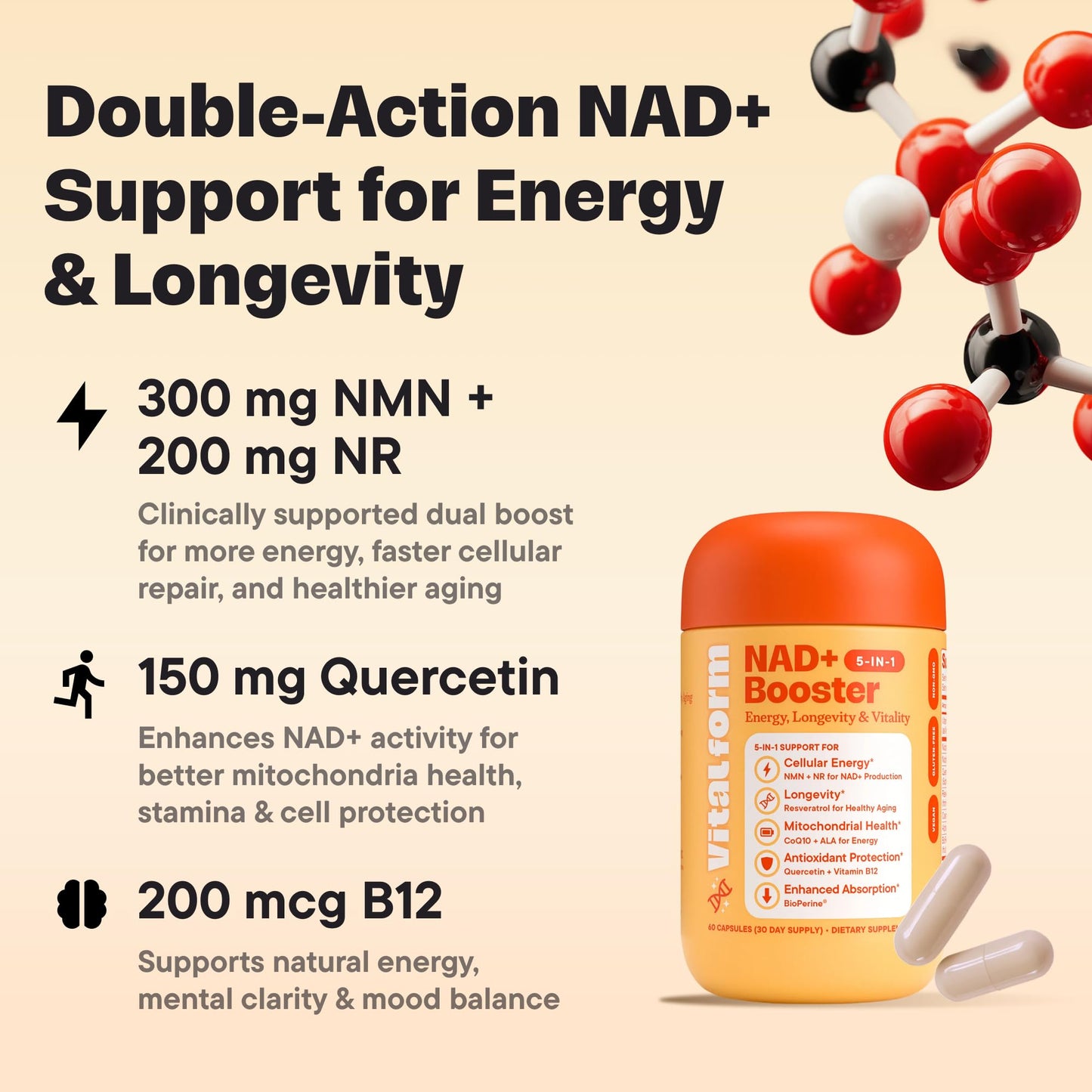VitalForm NAD+ Supplement with NMN & Nicotinamide Riboside (NR) Advanced Cellular Energy & Healthy Aging Complex with Resveratrol, CoQ10, Quercetin & BioPerine, 60 Capsules