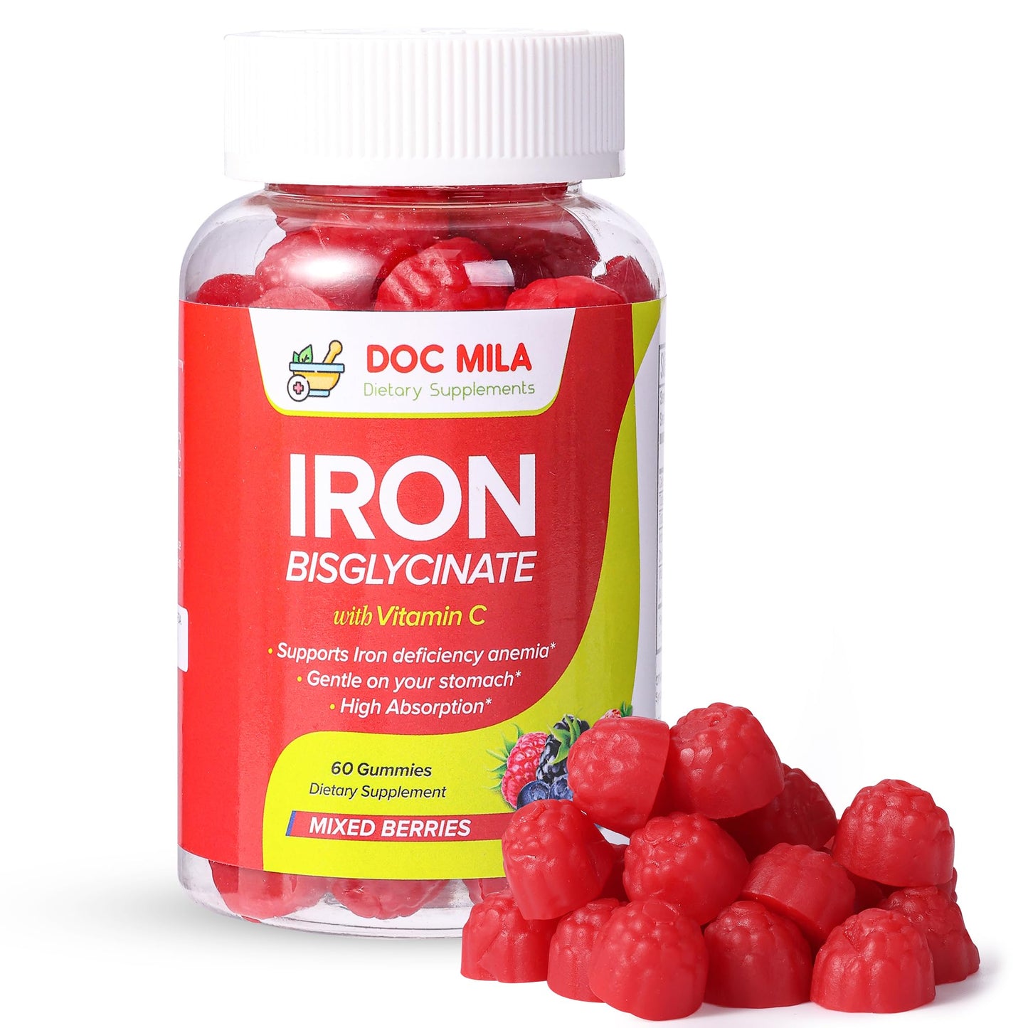 Doc Mila Iron Bisglycinate Gummies 25mg with Liposomal Vitamin C, 60 Gummies