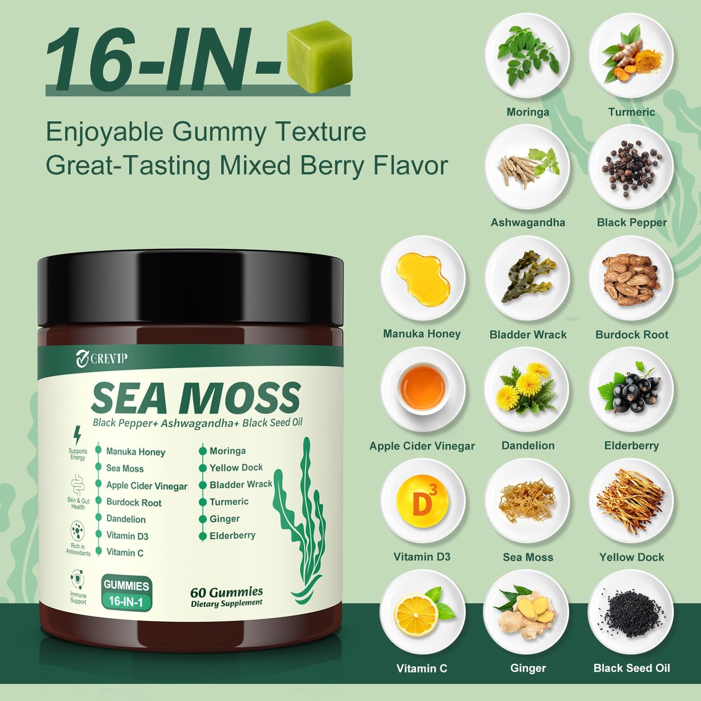 GREVIP Sea Moss Gummies Gummy, 60 Count