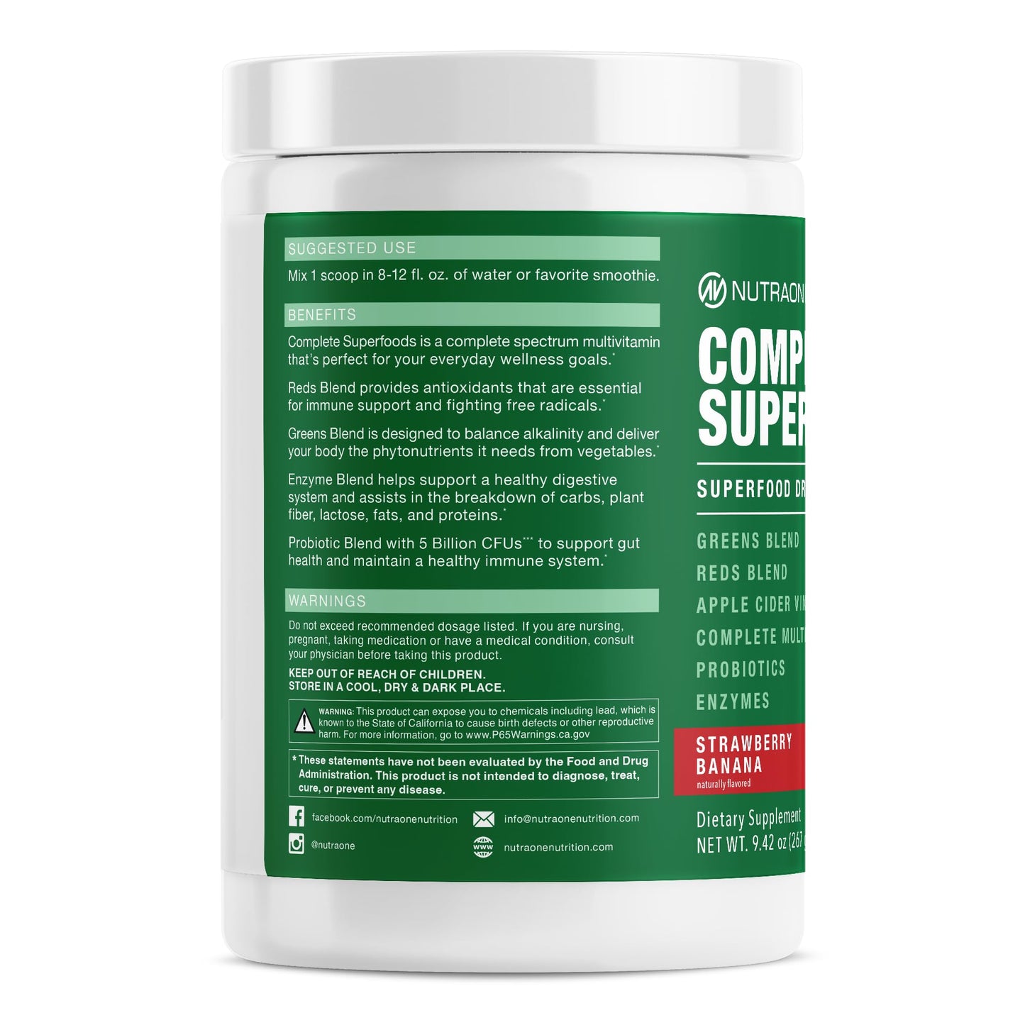 NutraOne Complete Superfoods, Greens & Reds Blend, Apple Cider Vinegar, Digestive Enzyme Blend, Probiotic Blend, Multivitamin, Powder, 9.42 oz