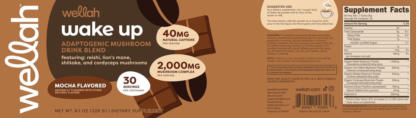 Wellah Wake Up Adaptogenic Mushroom Drink Blend Mocha Flavored Powder 8.1