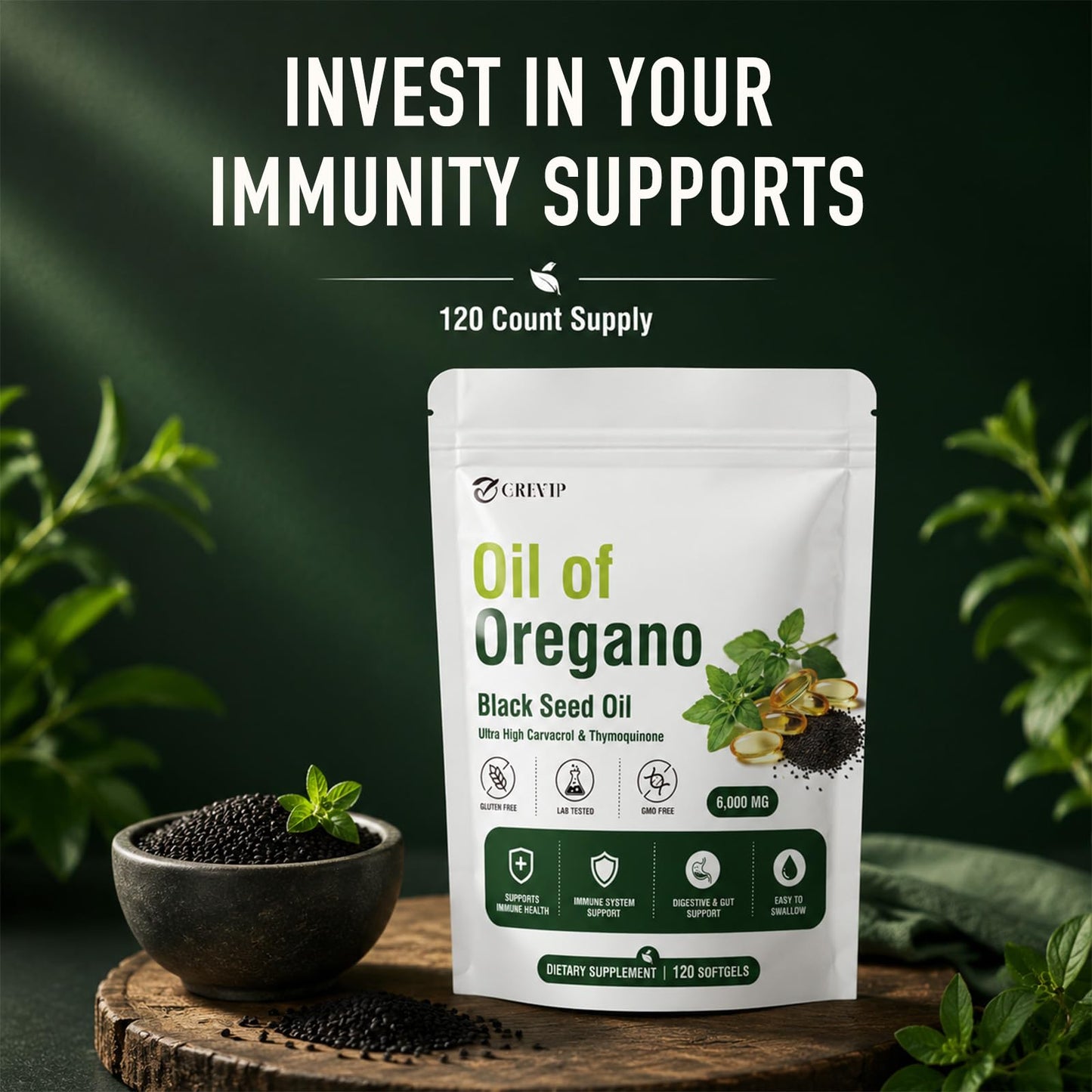 GREVIP Oil of Oregano Softgel with Black Seed Oil, 1 Count