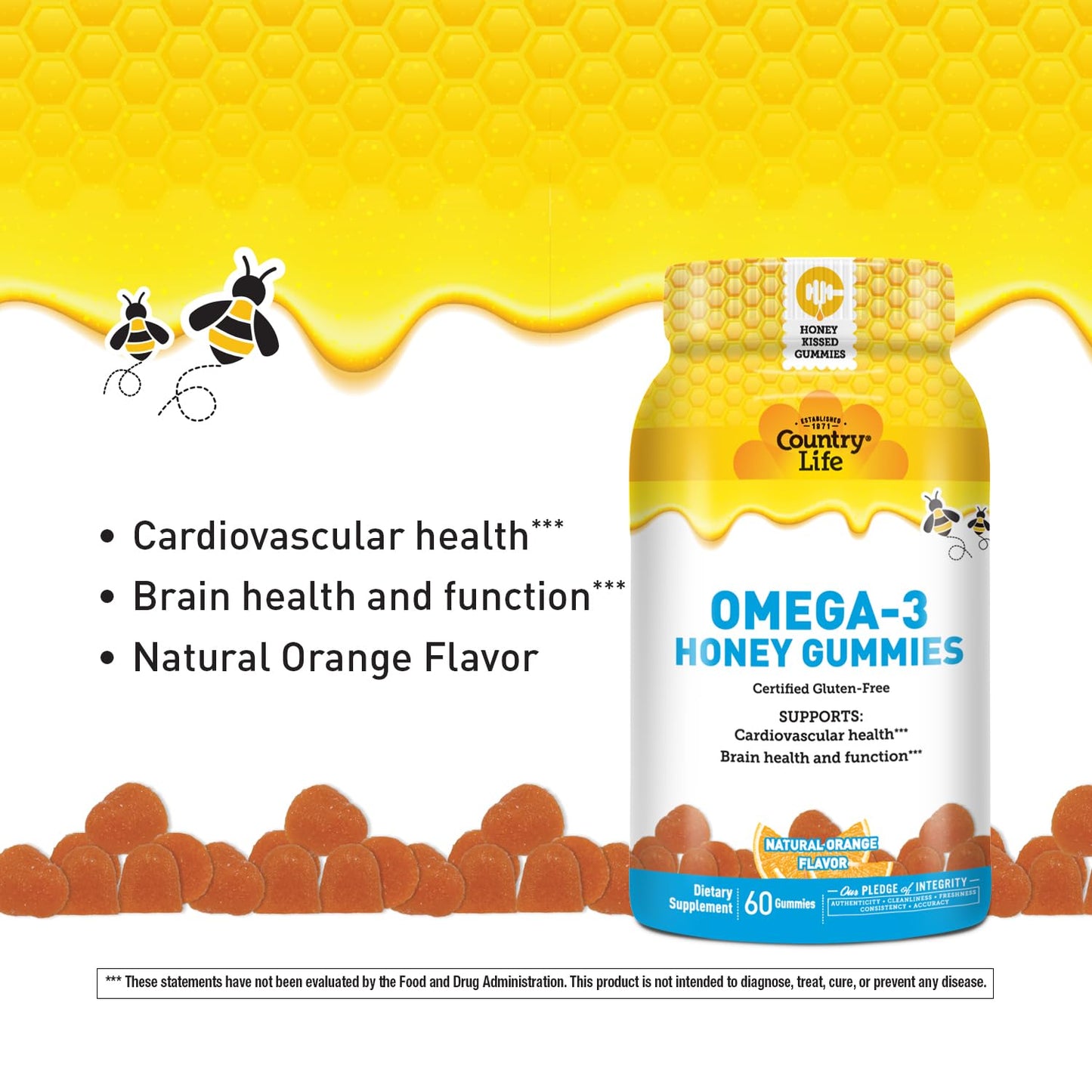 Country Life Omega-3 Honey Gummies Gummy, 60 Gummies