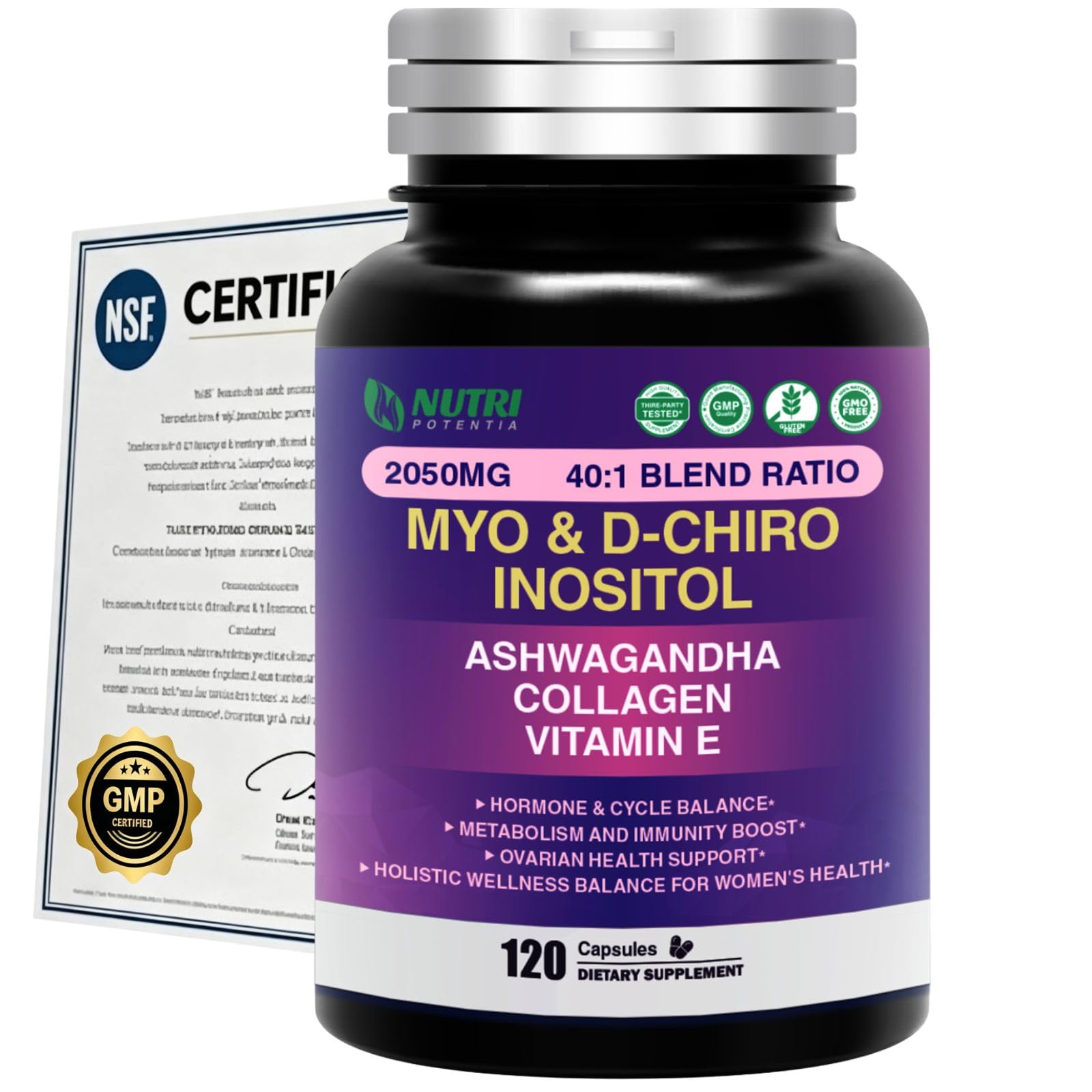 NUTRI POTENTIA Myo Inositol & D-Chiro Inositol Supplement for Women, Ideal 40:1 Ratio with Vitamin E, Collagen & Ashwagandha, Women's Daily Wellness Support, 120 Capsules