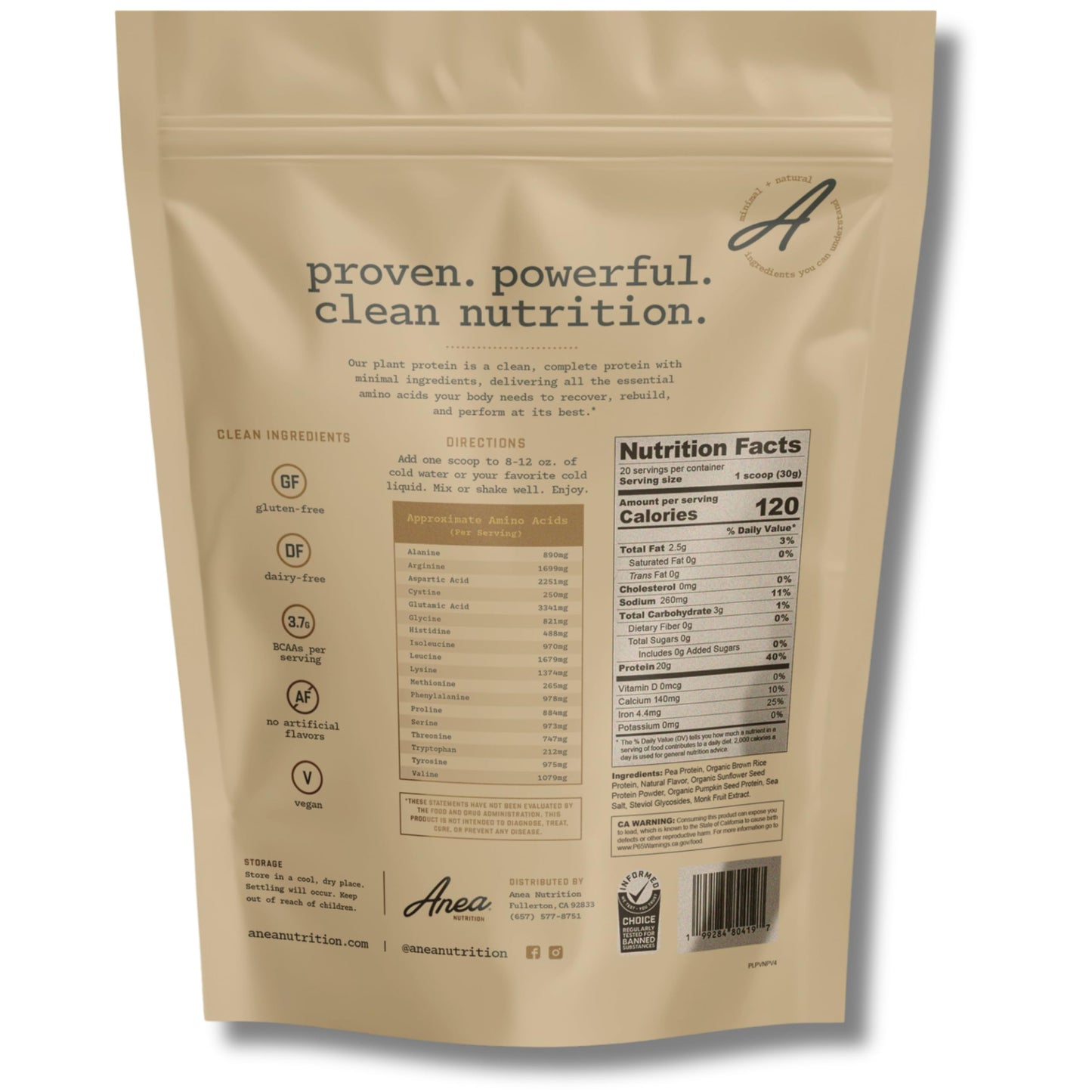 Anea Nutrition Plant Protein Powder Vanilla, 1.3 lb