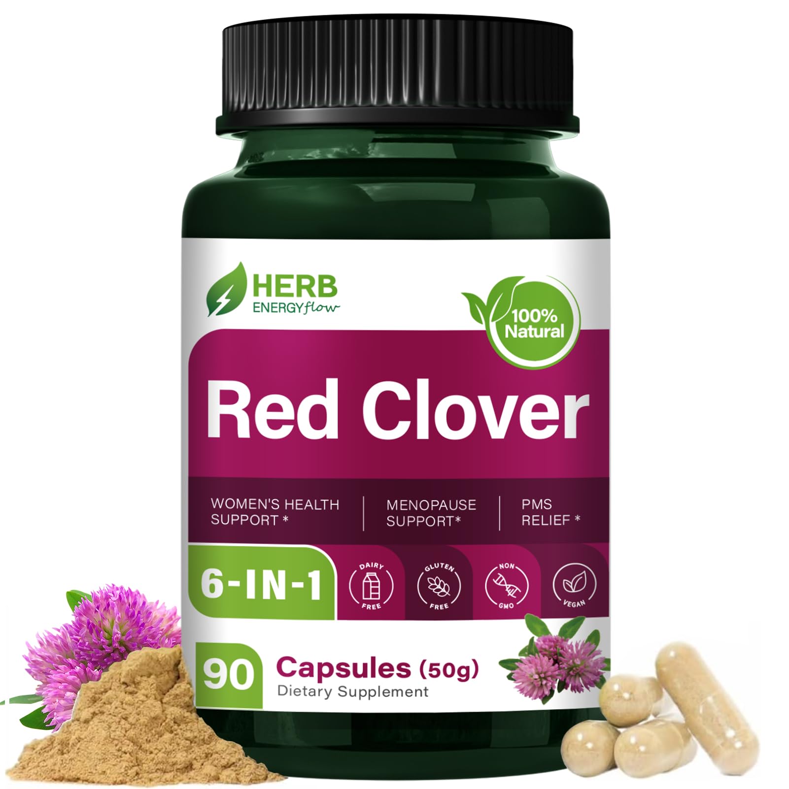 HERBENERGYflow Red Clover Herb Supplement Capsules, 90 Count