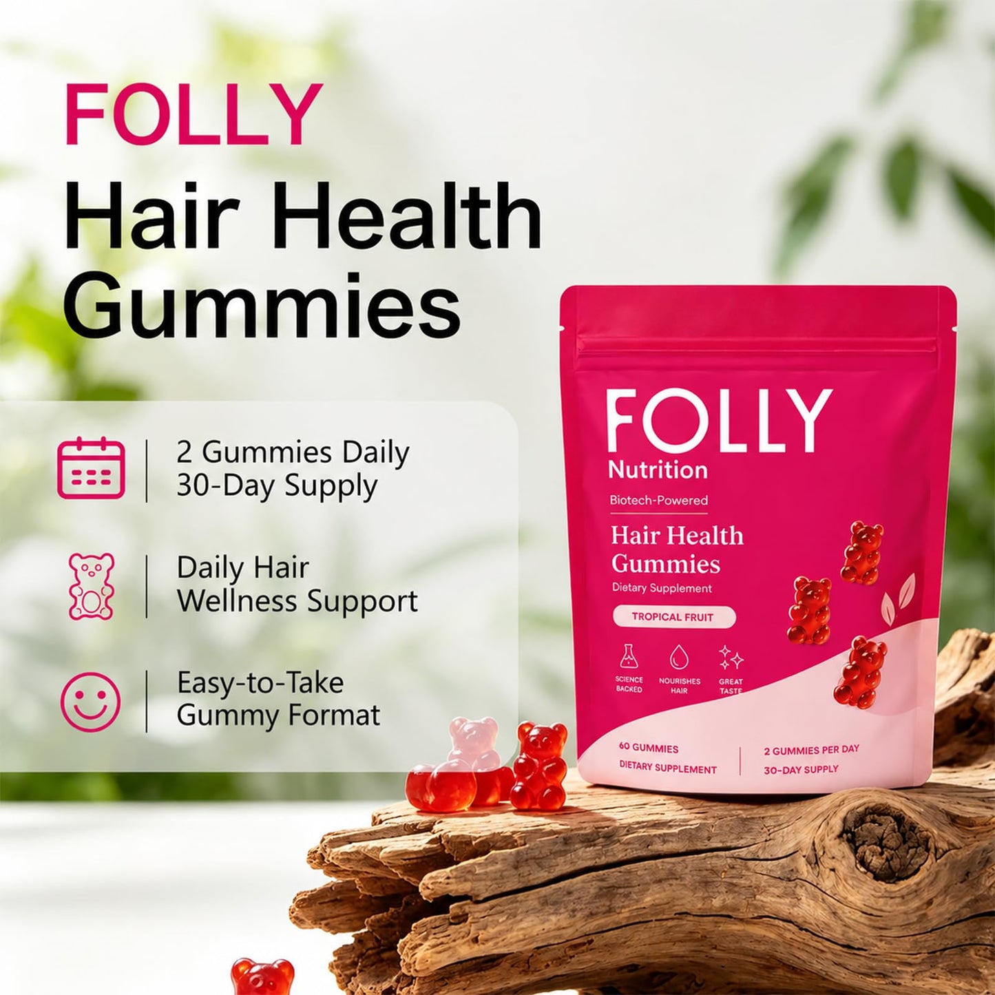 Folly Nutrition Hair Growth Gummies for Women, Biotin & Zinc Gummy, 60 Count