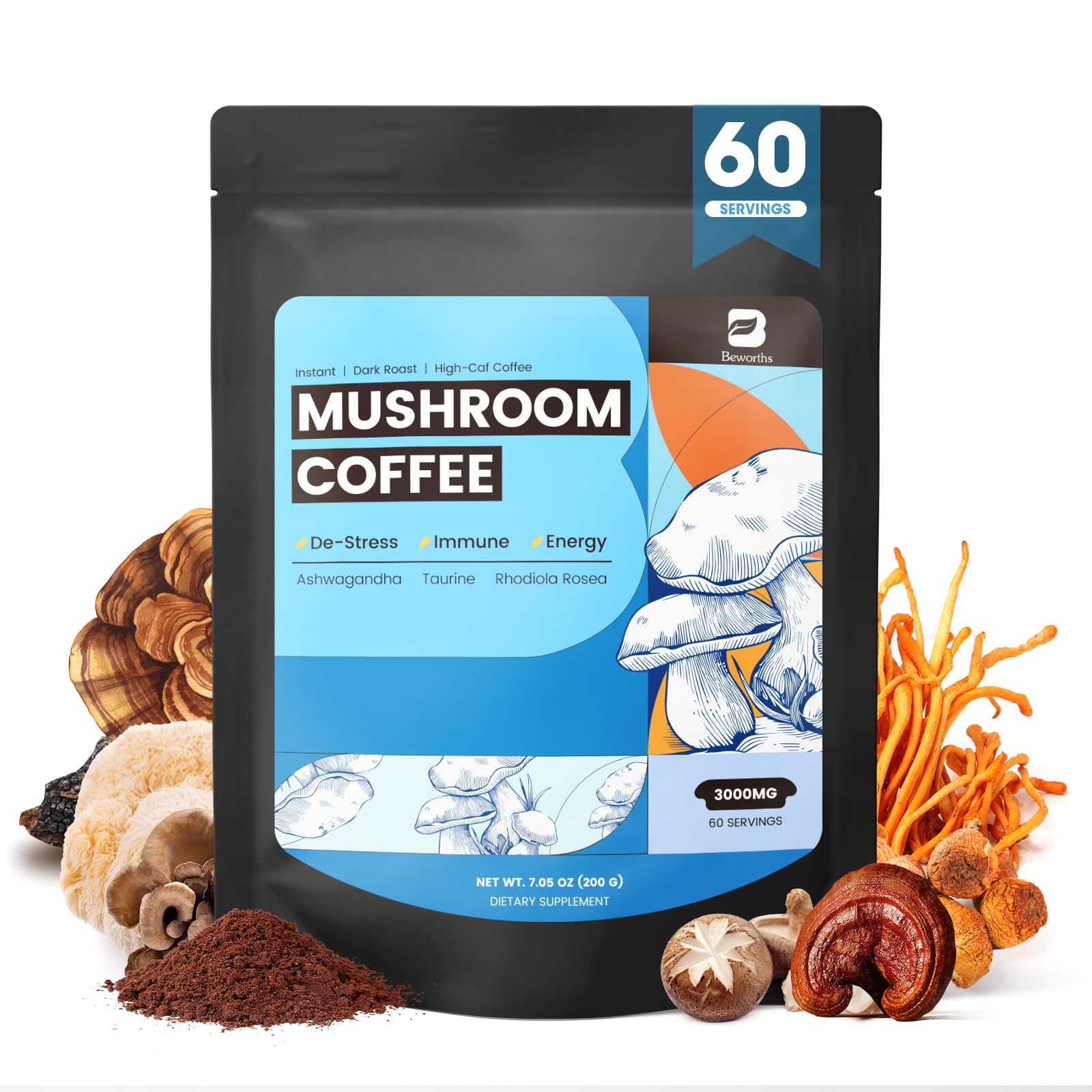 B BEWORTHS Mushroom Coffee Powder with Ashwagandha, L-theanine, Lion's Mane, Reishi, Chaga, Cordyceps, Turkey Tail, Ginseng | Arabica Instant Coffee for Immunity, Brain Focus, Gut Health 7.05 Ounce