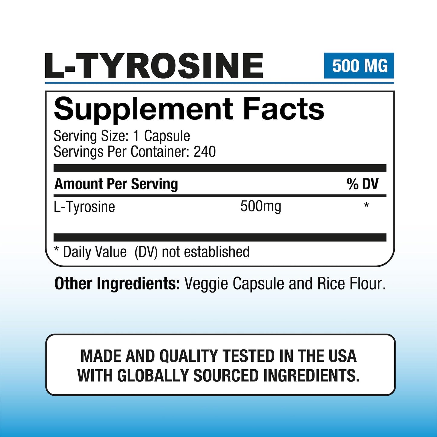 P Puregen Labs L-Tyrosine 500 mg Vegetable Capsules, 240 Count
