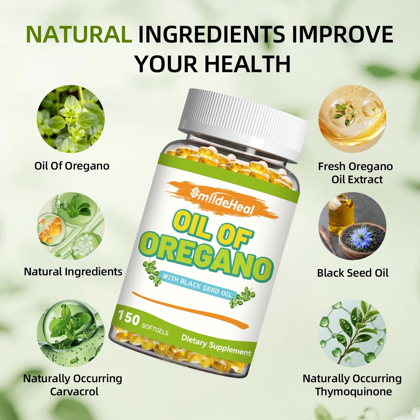 SmildeHeal Oregano Oil with Black Seed Oil Softgels, 150 Softgels