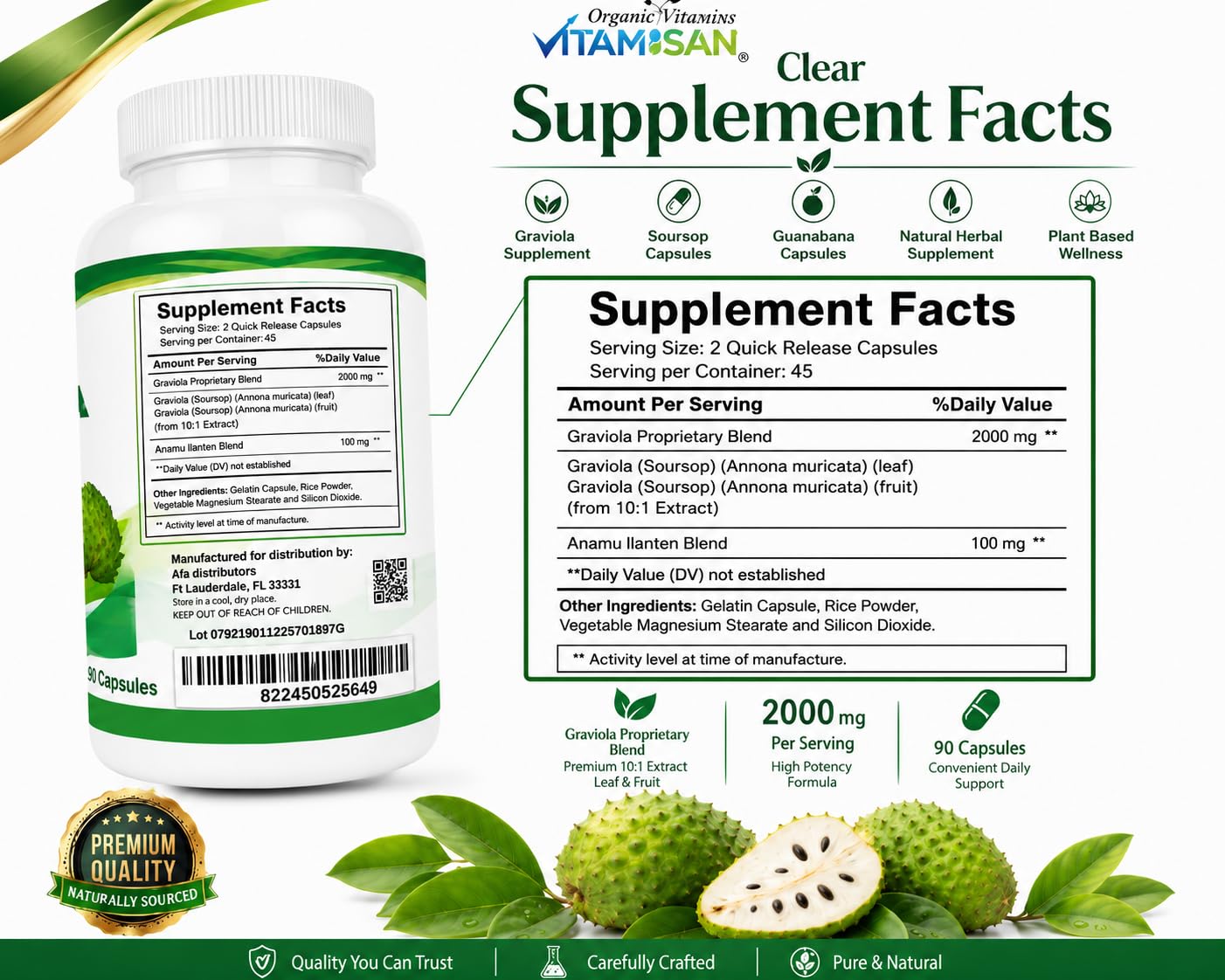 VITAMISAN Graviola Soursop Guanabana Extract Anamu Llanten Natural Dietary Supplement Leaf & Fruit Extract 90 Capsules