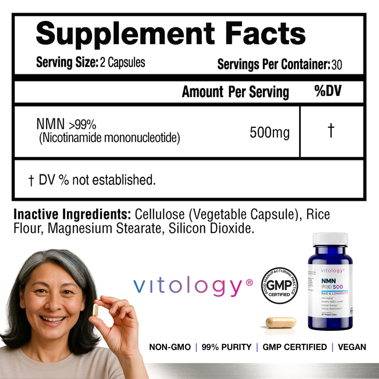 Vitology NMN-PRO 500mg NMN Supplement Capsules, 60 Count