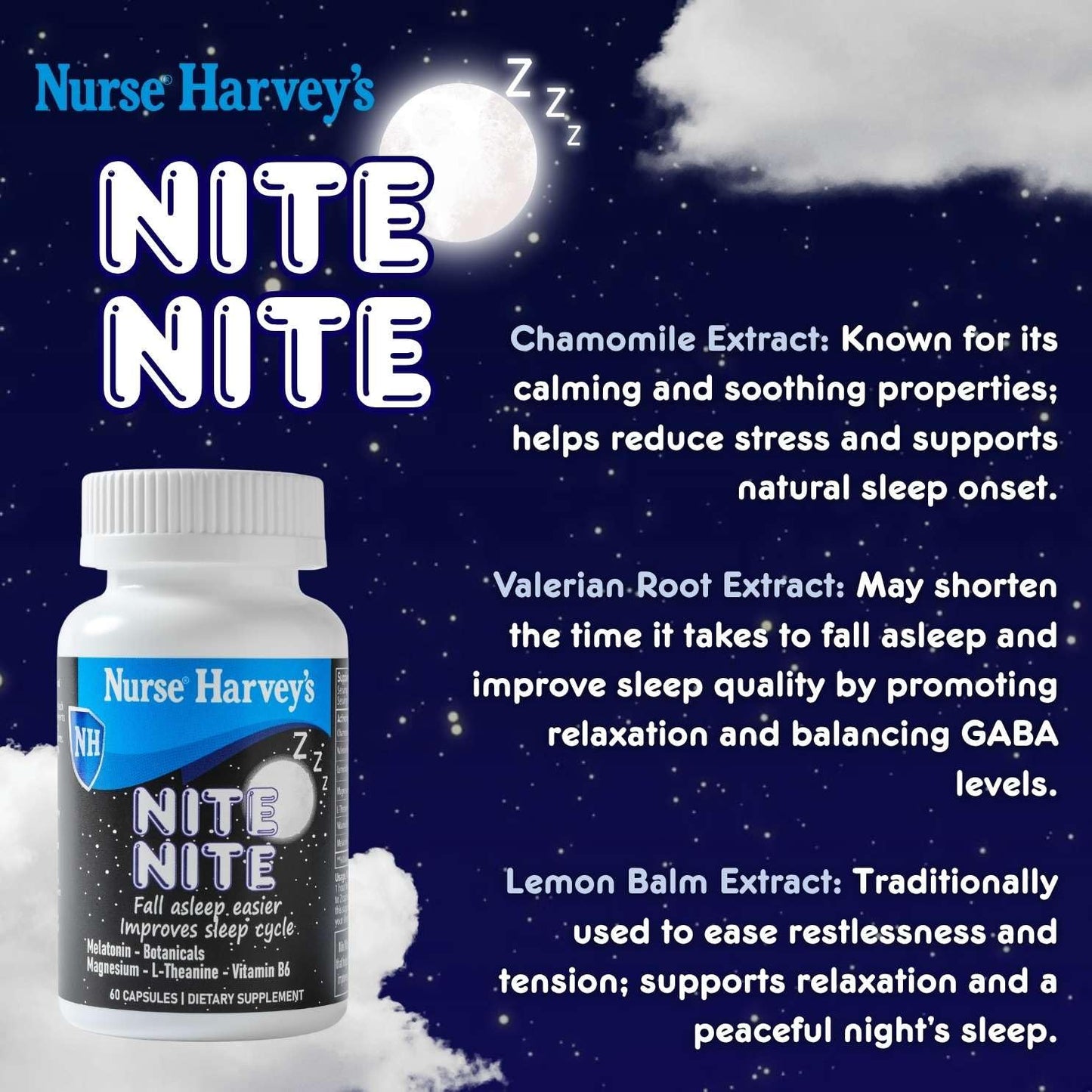 Nurse Harvey's Nite Nite Adult Sleep Capsules with 3mg Melatonin, Magnesium Bisglycinate, Vitamin B6 – 60 Vegan Capsules