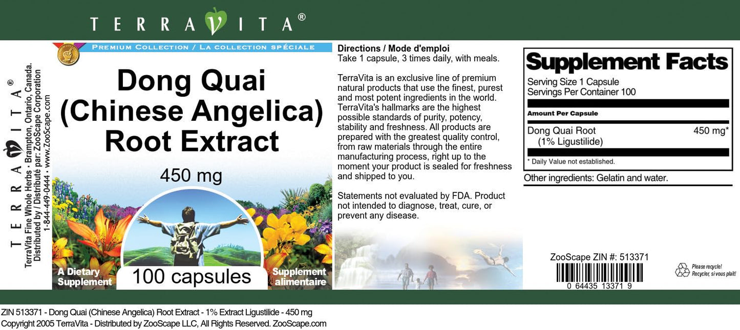 Terravita Dong Quai (Chinese Angelica) Root Extract - 1% Ligustilide - 450 mg Capsules, 100 Count