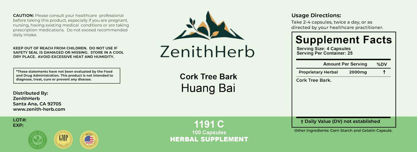 ZenithHerb Cork Tree Bark Huang Bai Herbal Supplement Capsules, 100 Count