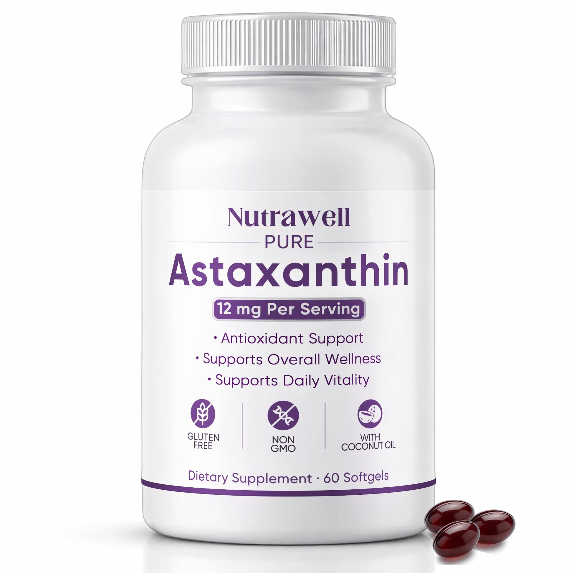 QUZOYU NutraWell Astaxanthin 12mg with Coconut Oil Antioxidant Support Supplement Softgels, 60 Count