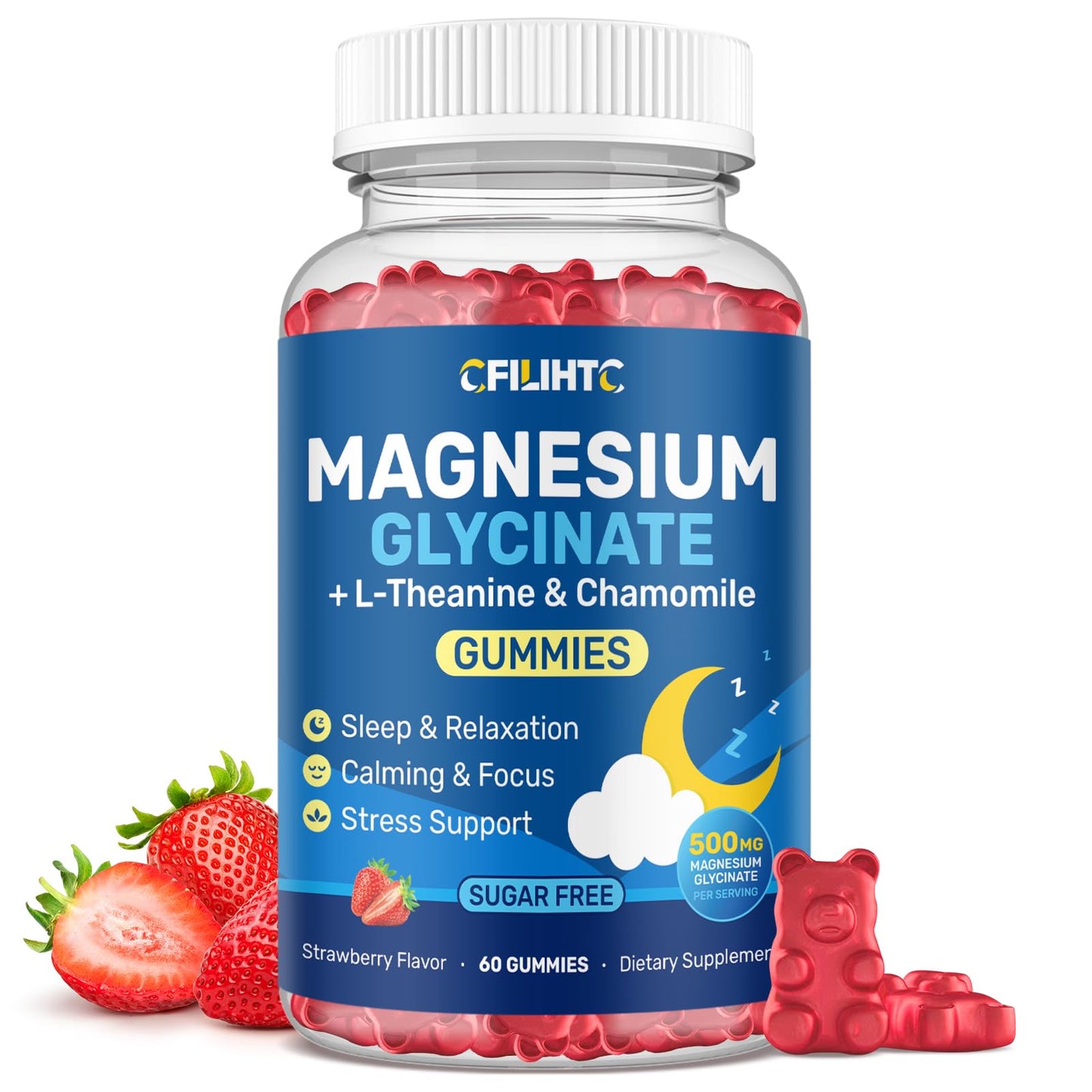 CFILIHTC Magnesium Glycinate Gummies with L-Theanine & Chamomile 500mg, Strawberry Flavor, 60 Count