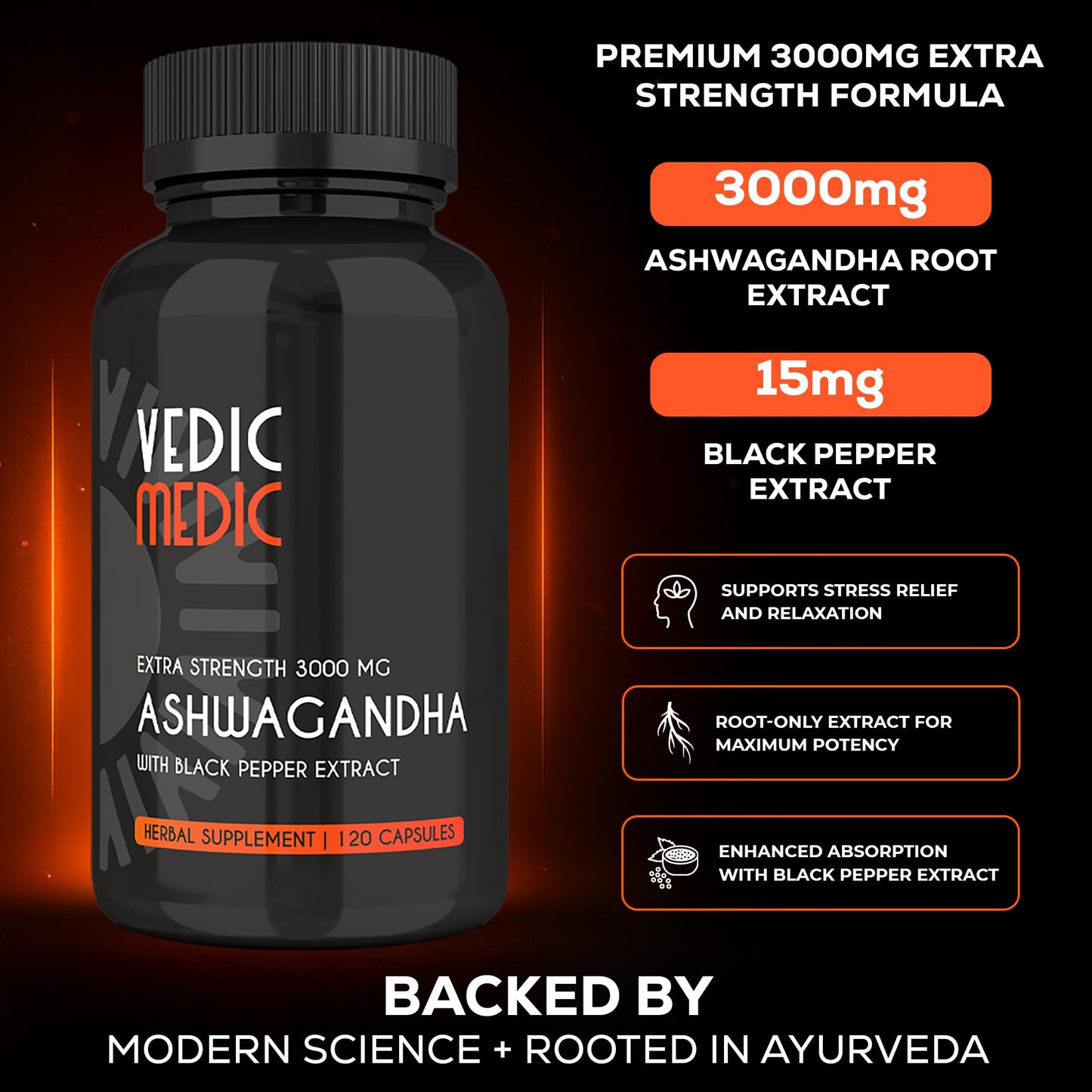 The Vedic Medic Organic Ashwagandha Capsules Extra Strength 3000mg with Black Pepper Extract, 120 Capsules