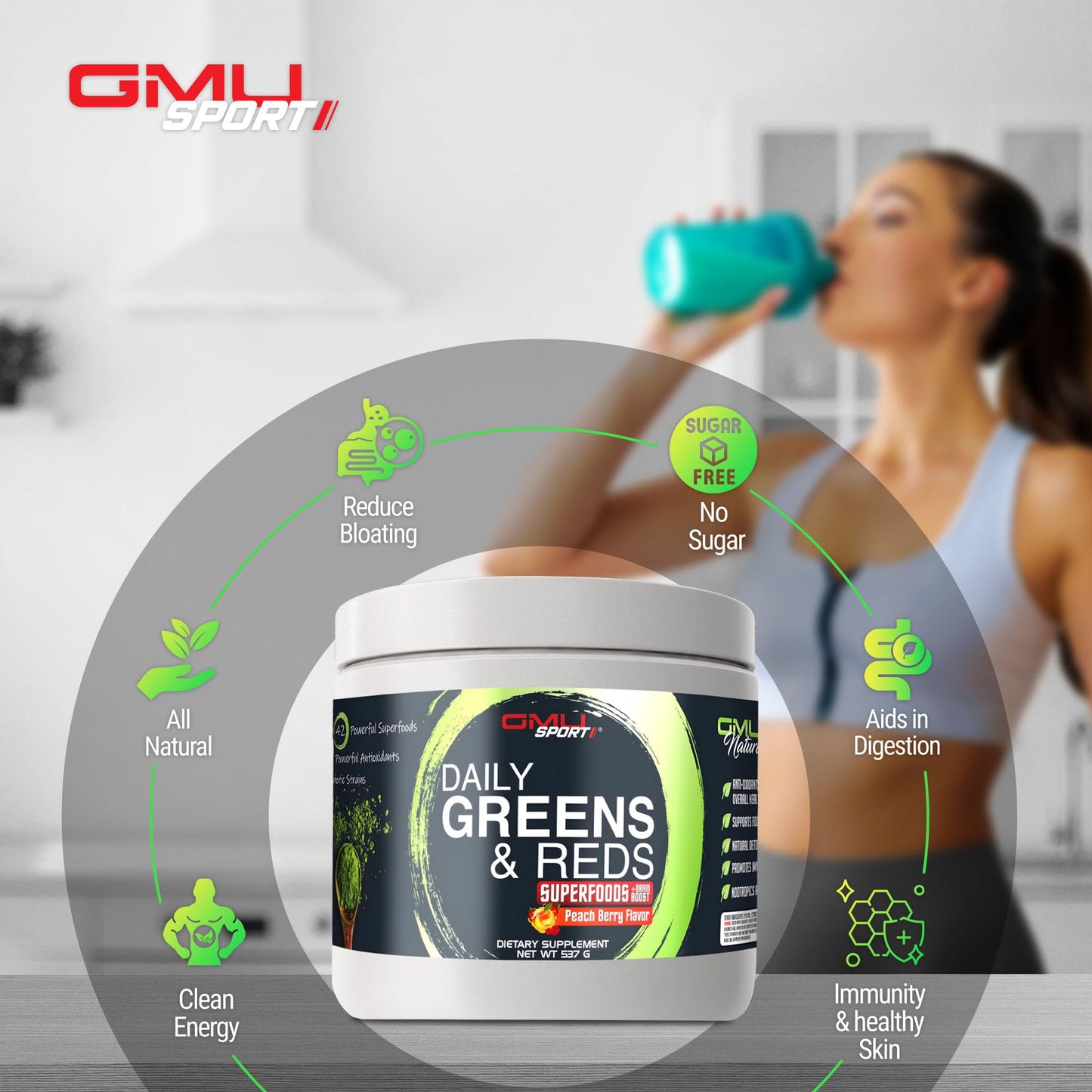 GMU SPORT Daily Greens and Reds, Super Greens Powder, 18.94