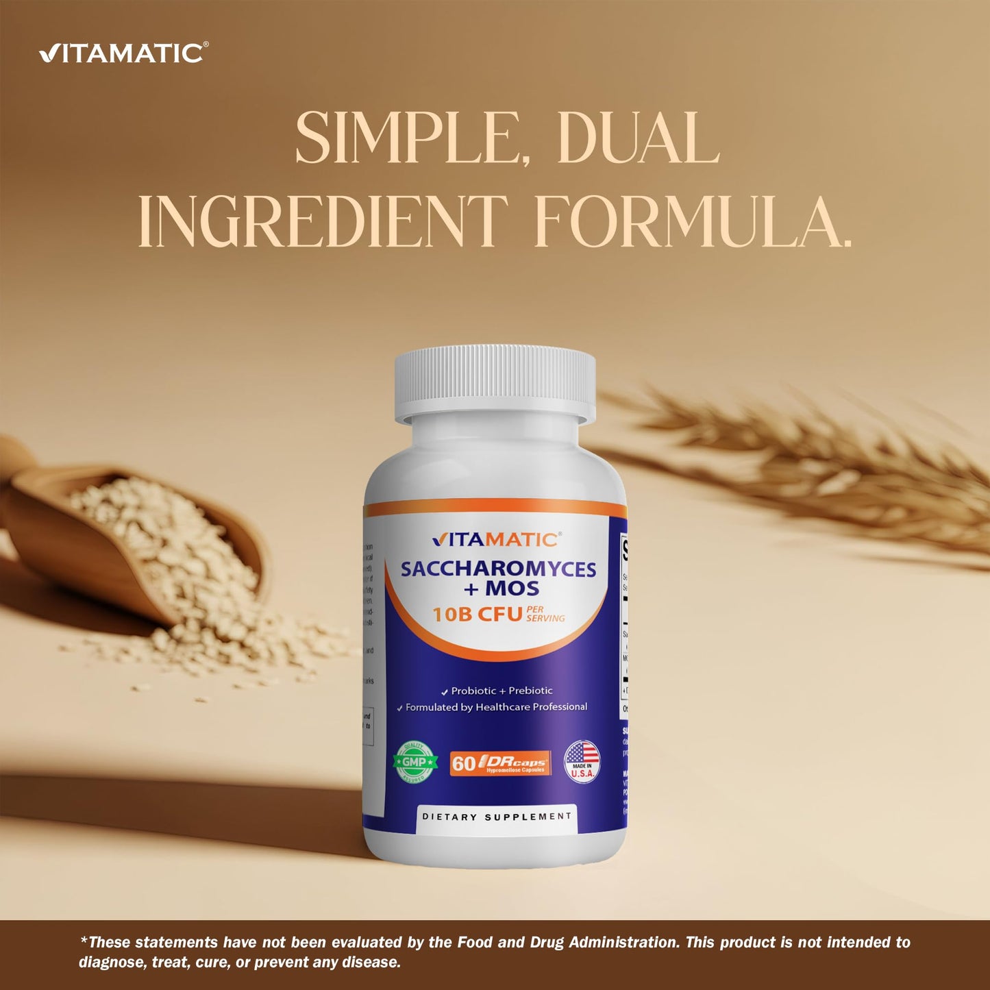 Vitamatic Saccharomyces Boulardii Probiotic 10B per Serving + Yeast Extract MOS Yeast Fraction 300 mg Capsule, 120 Count