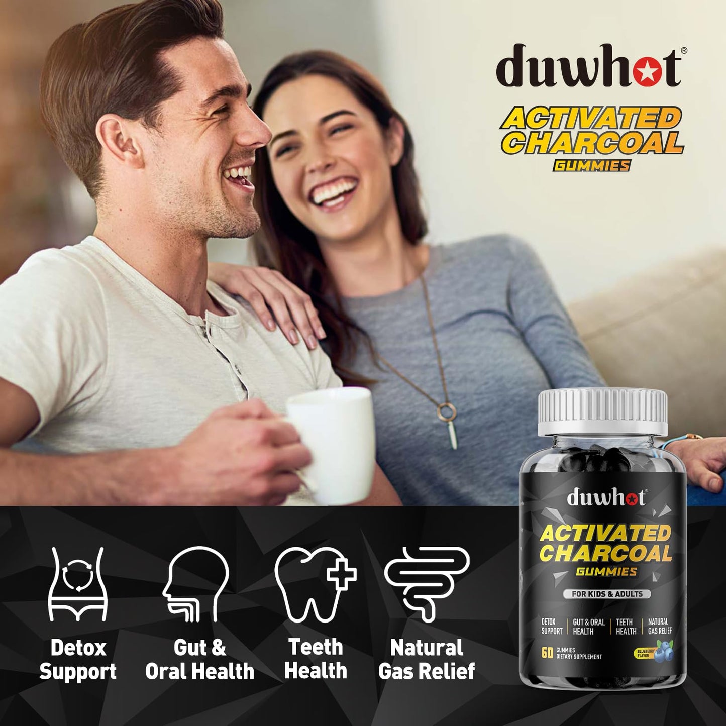 duwhot Activated Charcoal Gummies for Kids, 500mg Chewable Activated Charcoal Supplement for Gas Relief, Detox, Digestive and Oral Health, Vegan Blueberry Flavor, 60 Count