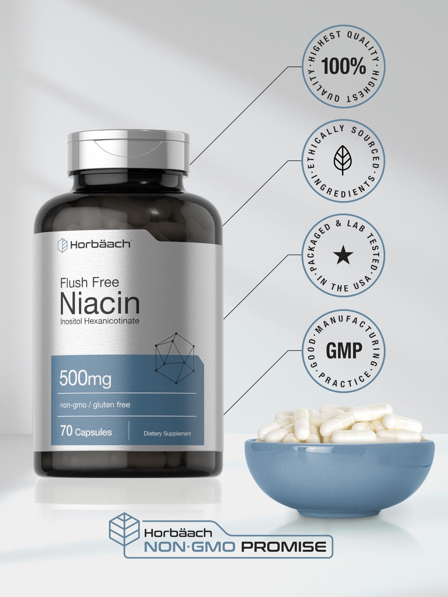 Horbäach Niacin 500mg Flush Free Capsules 70 Count