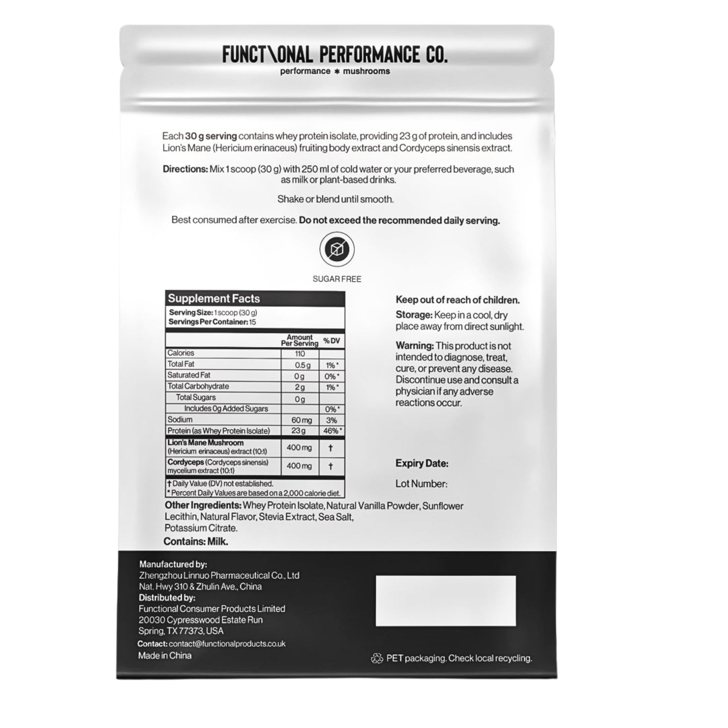 Functional Performance Co. Whey Isolate Protein Powder, Grass Fed, Vanilla, with Lion’s Mane (400mg) & Cordyceps (400mg), 16 Servings