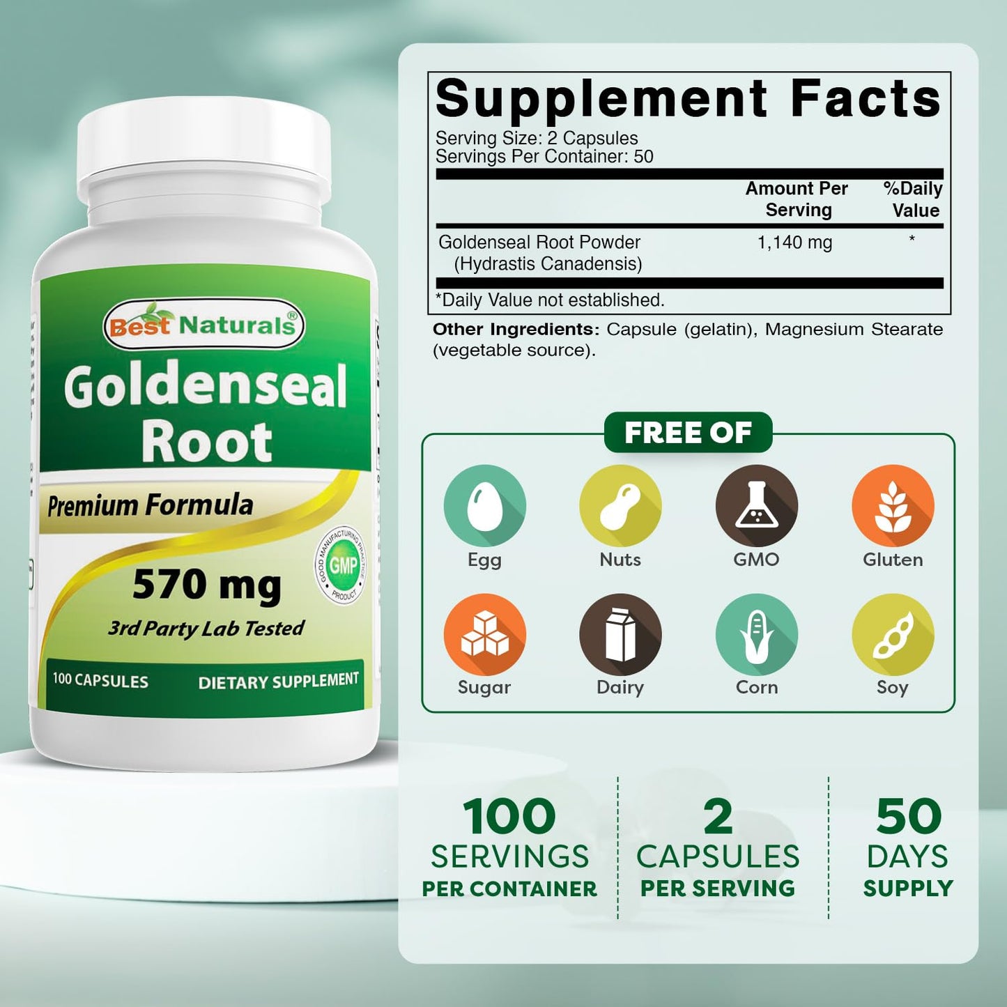 Best Naturals Goldenseal Root 570 mg Capsules, 100 Count
