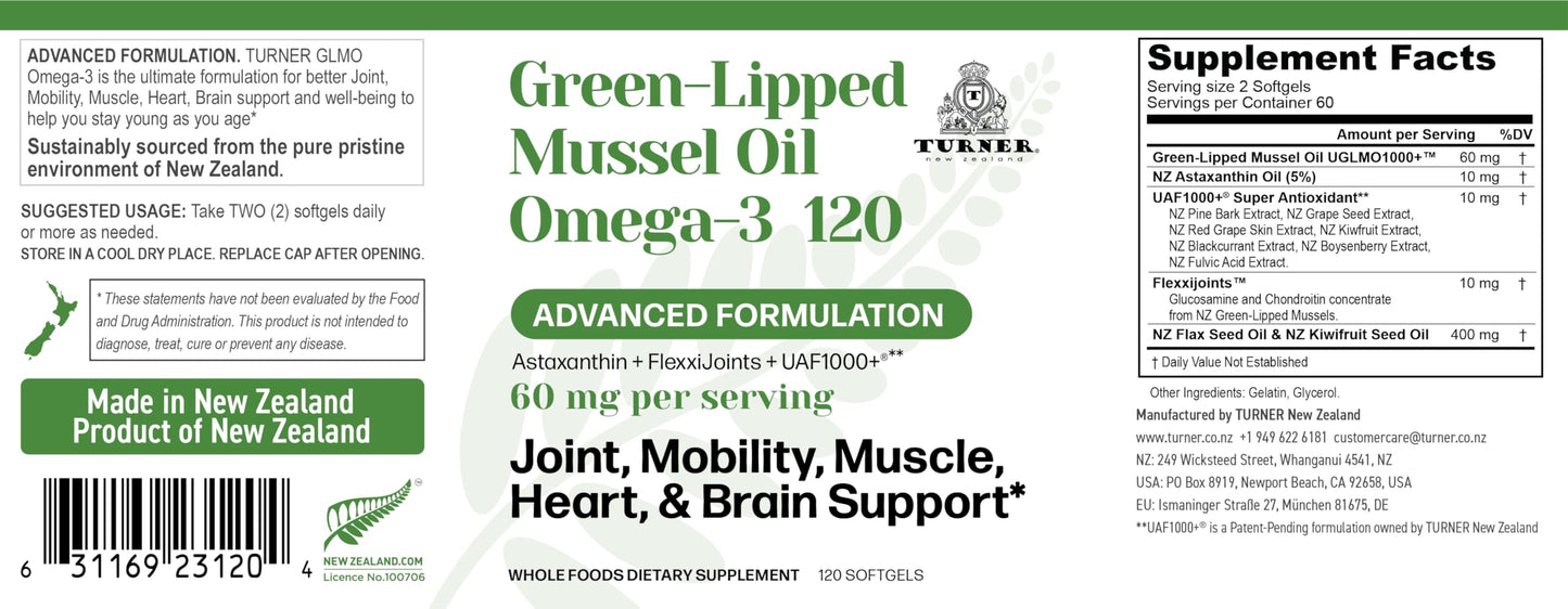 TURNER New Zealand Green Lipped Omega-3 Mussel Oil Softgels 120