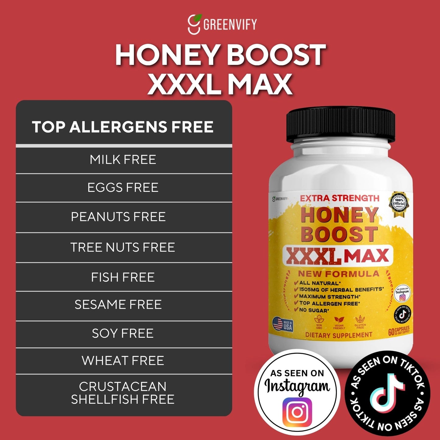 GREENVIFY Honey Boost XXXL Max Extra Strength Supplement, Organic Maca Root Complex, 60 Capsules