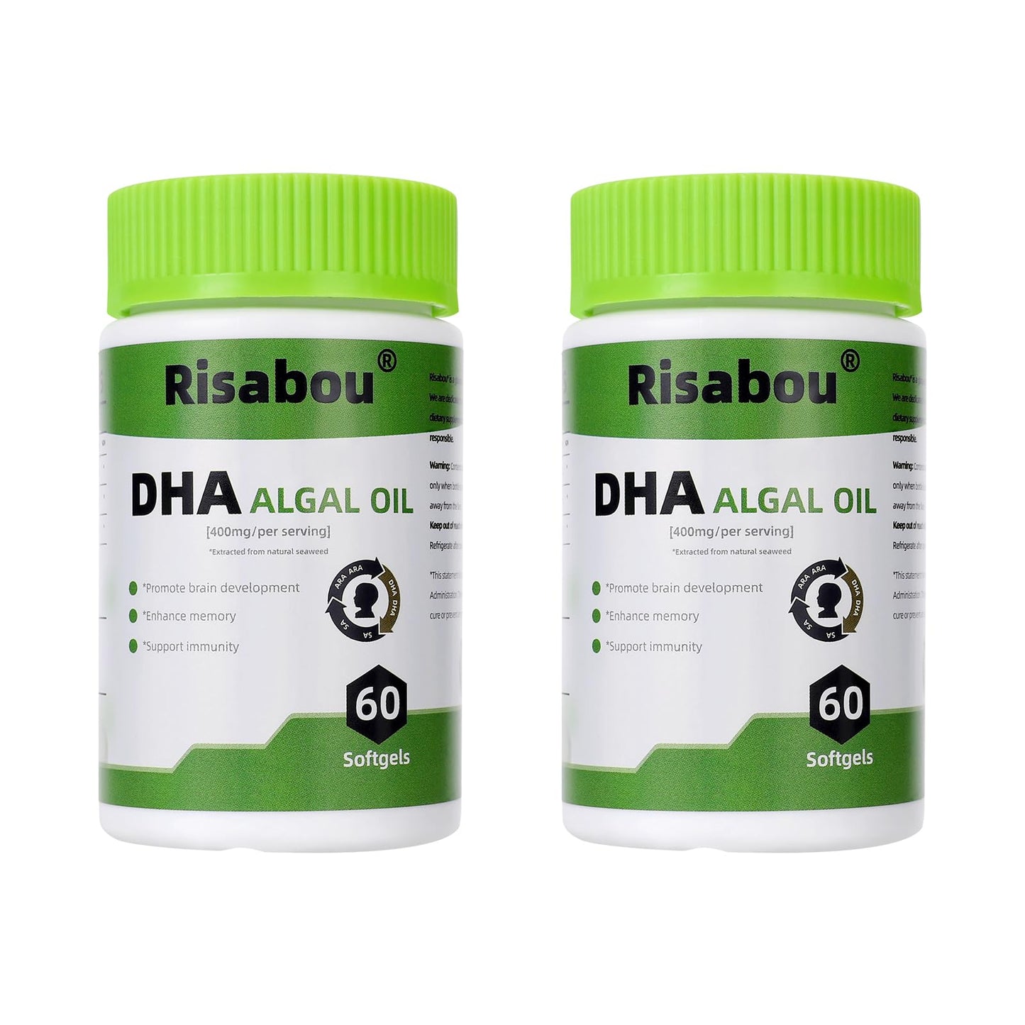 Risabou Algal Oil DHA 400 mg with ARA and SA, DHA Omega-3 Softgels, 120 Count
