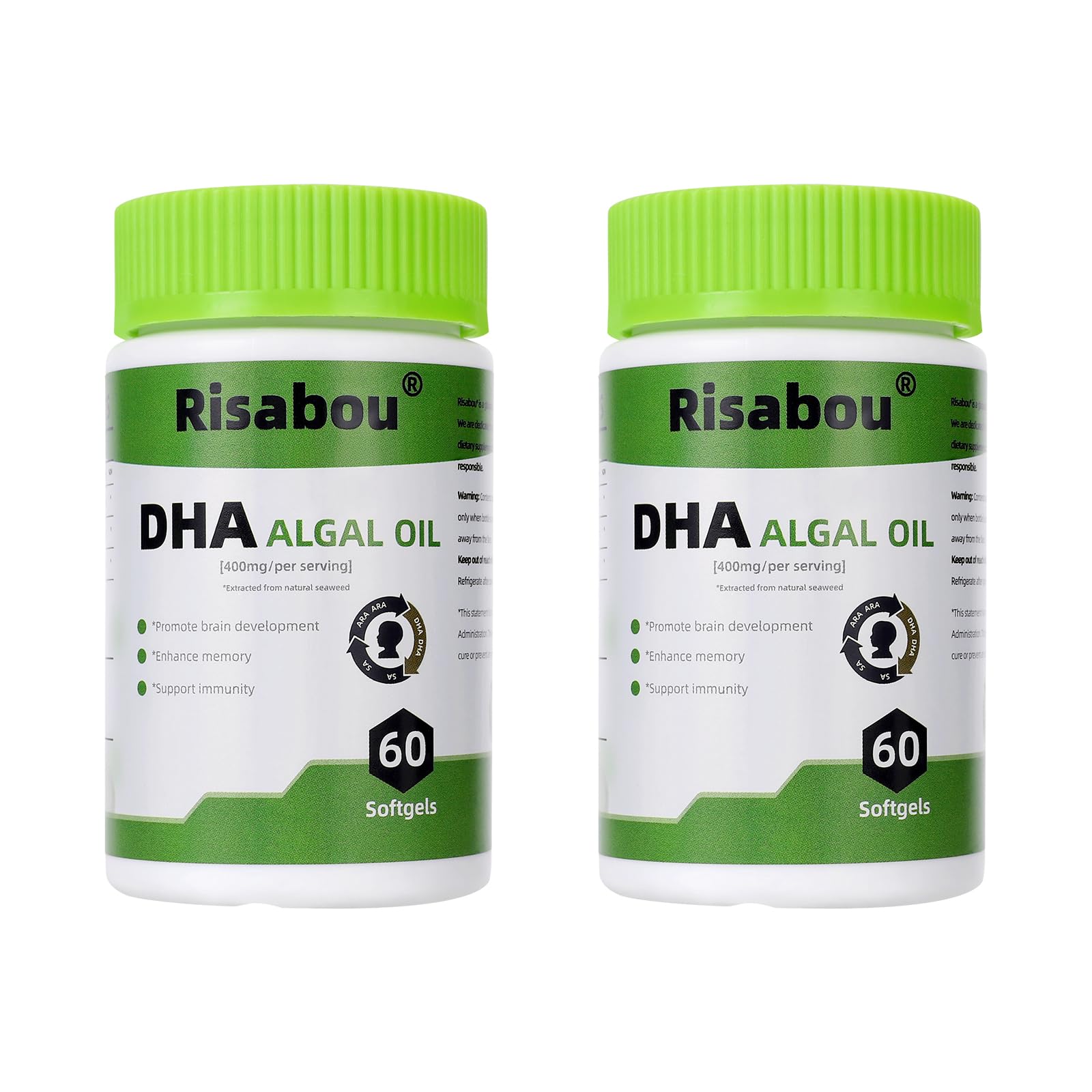 Risabou Algal Oil DHA 400 mg with ARA and SA, DHA Omega-3 Softgels, 120 Count
