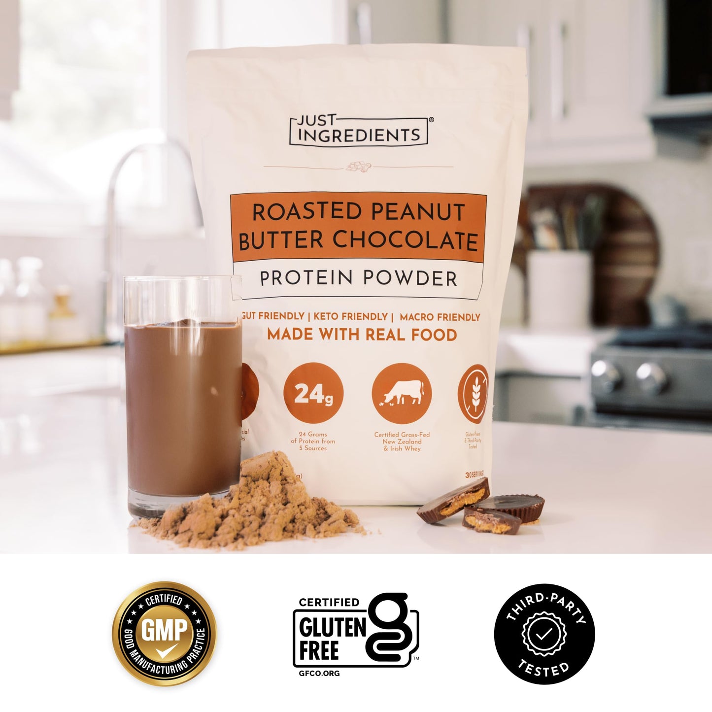 JUST INGREDIENTS Roasted Peanut Butter Chocolate Protein Powder, 30 Servings