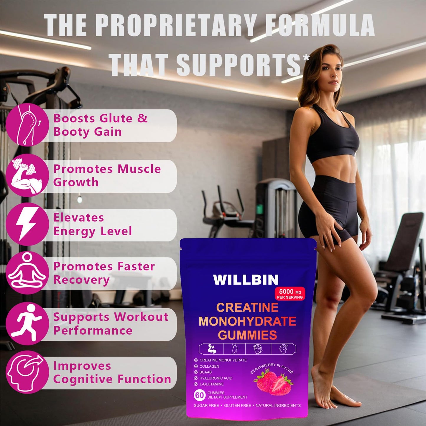 Willbin Creatine Monohydrate Gummies Strawberry Flavor 6.35 oz