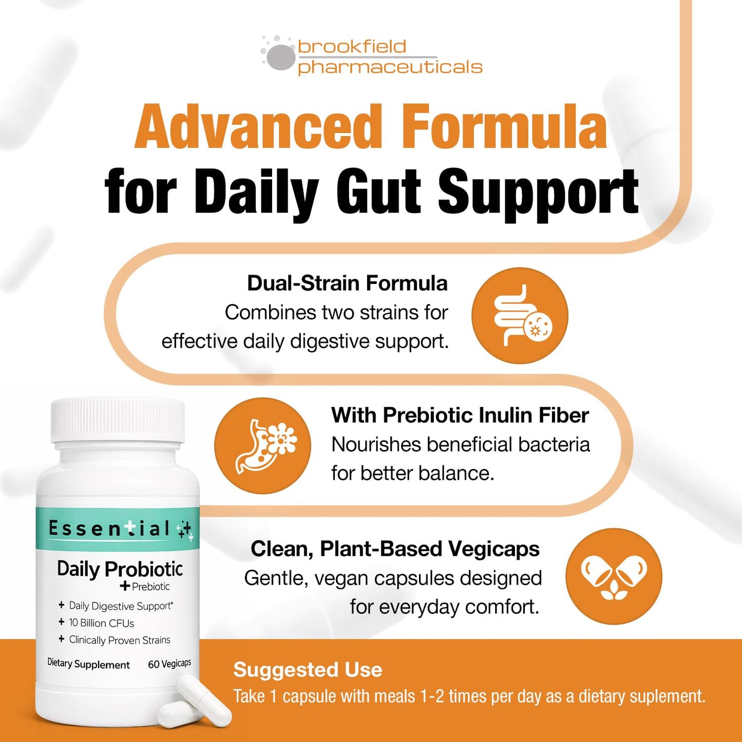 Brookfield Pharmaceuticals Essential Daily Probiotic for Men and Women 10 Billion CFU with Prebiotics & 2 Strains Probiotic Supplement for Gut Health Capsules 60 Count