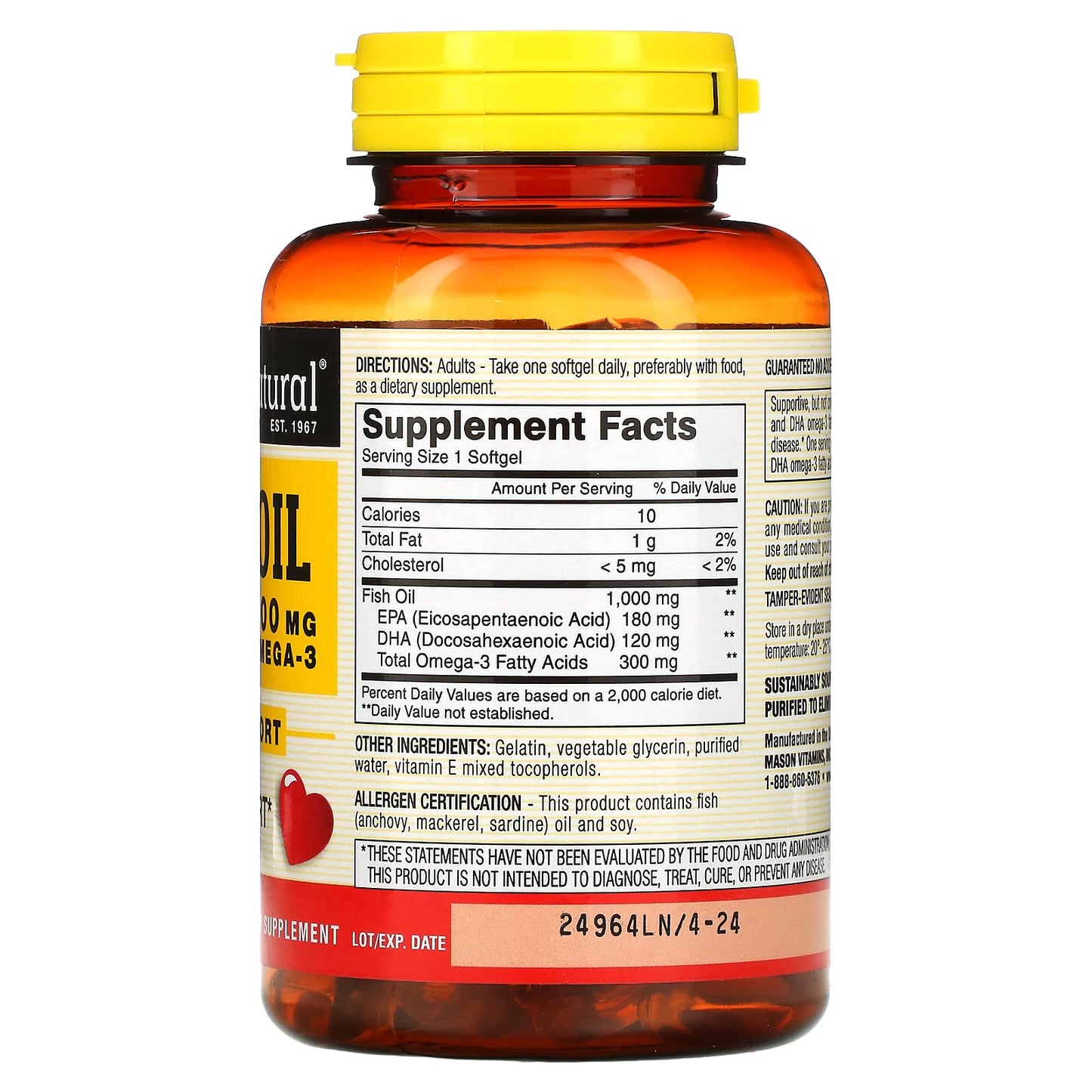 Mason Natural Fish Oil 1000 mg Softgels, 120 Count